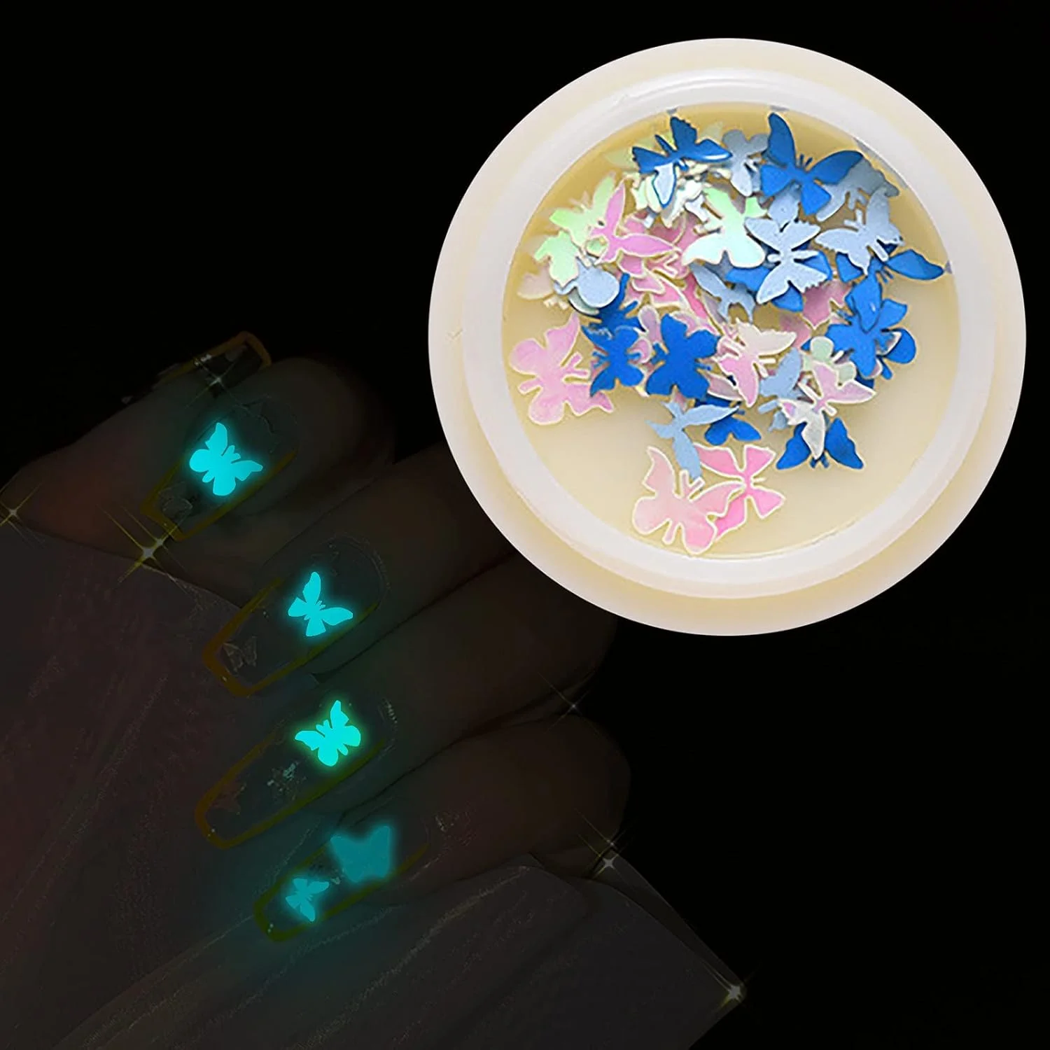 پولک های اکلیلی طراحی ناخن پروانه ای سه بعدی، پولک های اکریلیک پروانه ای درخشان در تاریکی، ورقه های اکلیلی هولوگرافیک برای تزئین ناخن (آبی)