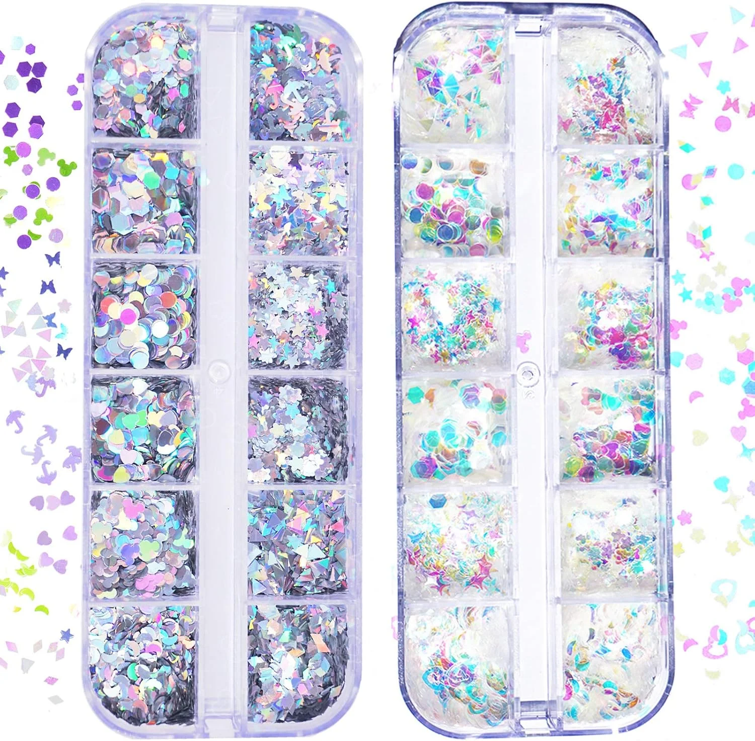 ۲۴ جعبه پولک ناخن هولوگرافیک، پولک های رنگین کمانی پری دریایی طرح پروانه و قلب، برچسب های اکلیلی فوق العاده نازک و رنگارنگ برای تزئین ناخن، پولک های آرایشی برای تزئین صورت، مو و کاردستی (۱۳)