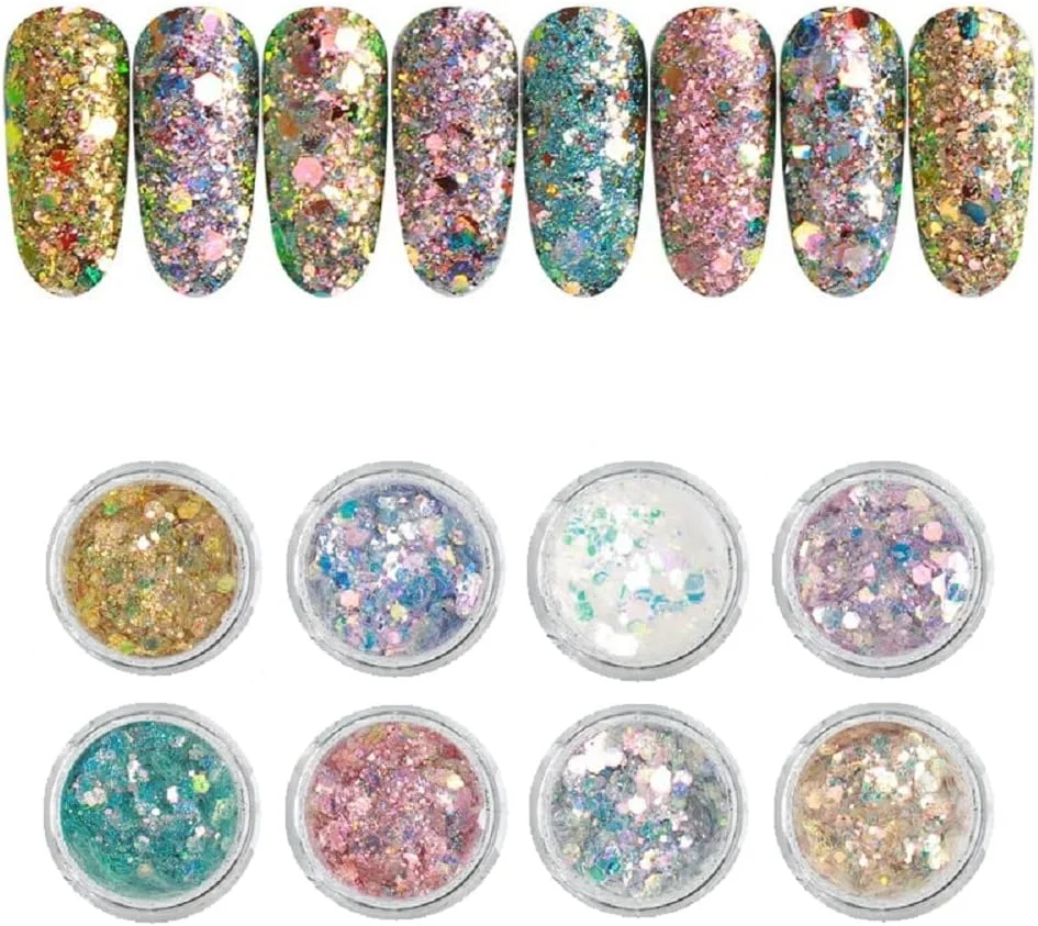 S.A.V.I ست ۸ عددی پولک های اکلیلی در ۸ رنگ مختلف، تزئین ناخن شش ضلعی، لوازم جانبی طراحی ناخن برای مانیکور