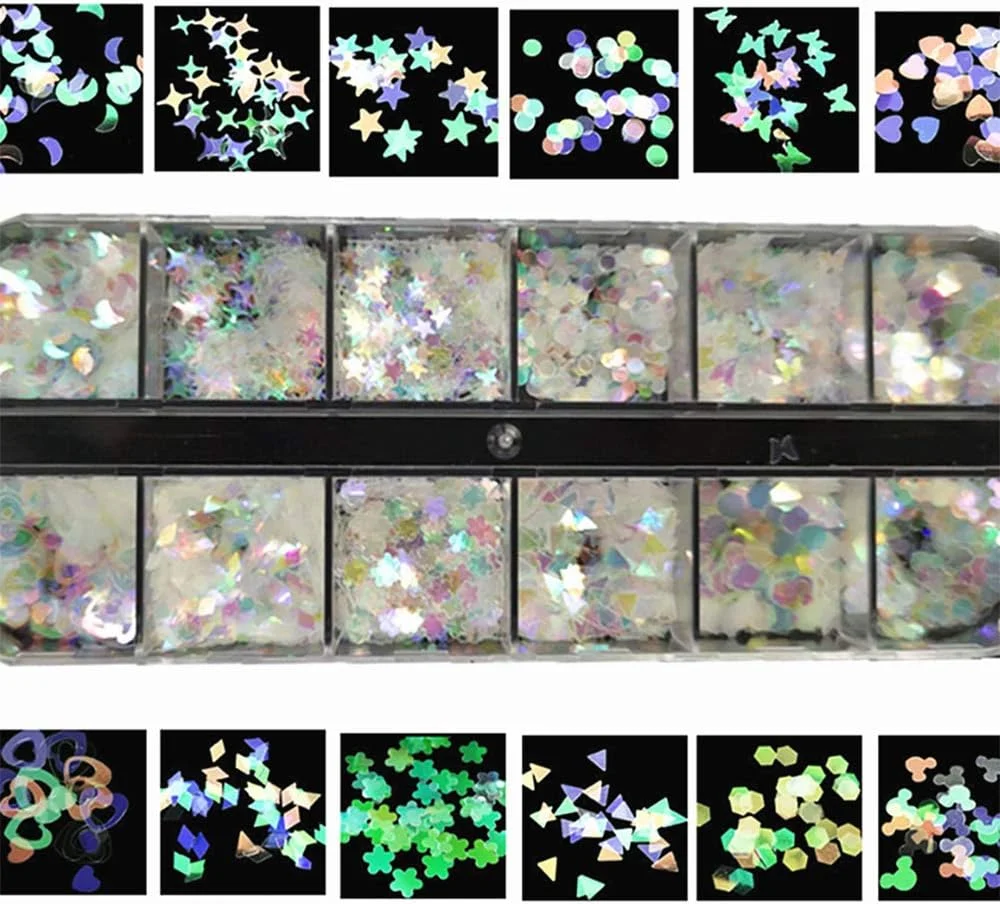 ۲۴ جعبه پولک ناخن هولوگرافیک، پولک های رنگین کمانی پری دریایی طرح پروانه و قلب، برچسب های اکلیلی فوق العاده نازک و رنگارنگ برای تزئین ناخن، پولک های آرایشی برای تزئین صورت، مو و کاردستی (۱۳)