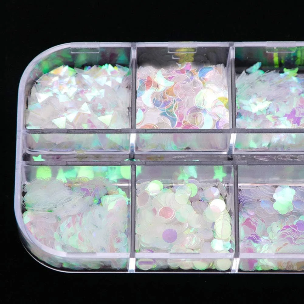 ۲۴ جعبه پولک ناخن هولوگرافیک، پولک های رنگین کمانی پری دریایی طرح پروانه و قلب، برچسب های اکلیلی فوق العاده نازک و رنگارنگ برای تزئین ناخن، پولک های آرایشی برای تزئین صورت، مو و کاردستی (۱۳)