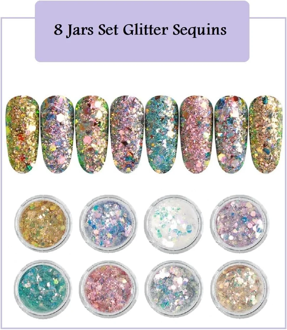 S.A.V.I ست ۸ عددی پولک های اکلیلی در ۸ رنگ مختلف، تزئین ناخن شش ضلعی، لوازم جانبی طراحی ناخن برای مانیکور