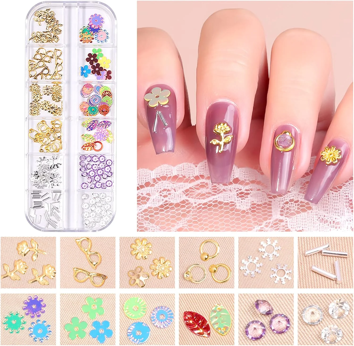 پولک ناخن اکلیلی، طلایی صورتی، طرح های پروانه و قلب، لوازم طراحی ناخن، پولک های اکلیلی برای طراحی ناخن، فویل براق لاک ناخن (F-C، تک سایز)