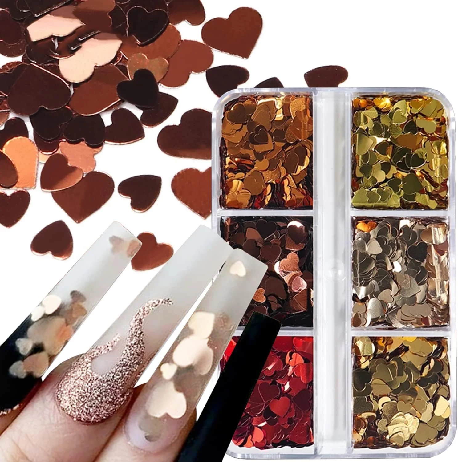 برچسب های هنری ناخن قلب سه بعدی 6 خانه، برچسب های ناخن طرح عشق، پولک های اکلیلی ناخن طلایی قرمز رزگلد، پولک های اکلیلی قلب، طراحی هولوگرافی ناخن