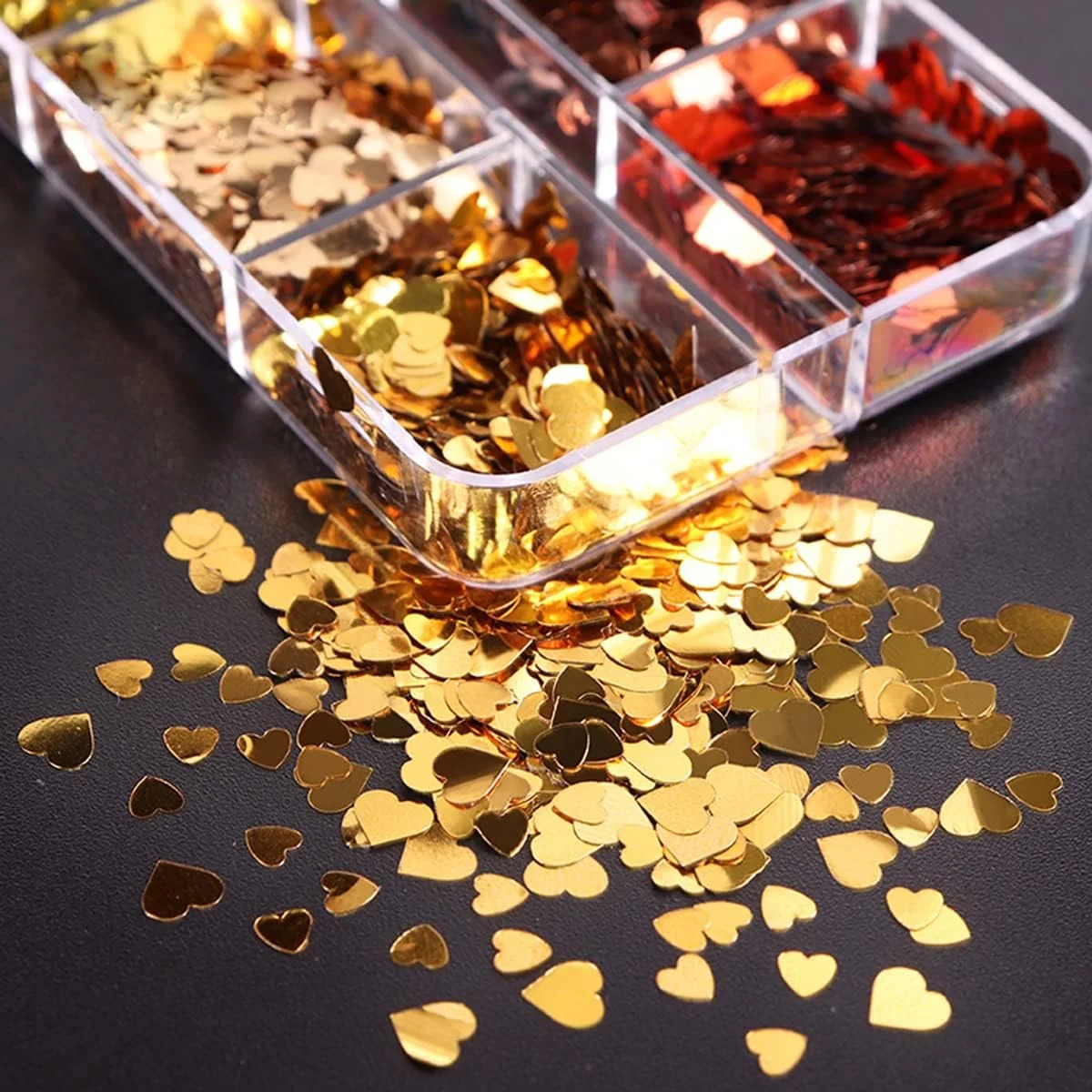 برچسب های هنری ناخن قلب سه بعدی 6 خانه، برچسب های ناخن طرح عشق، پولک های اکلیلی ناخن طلایی قرمز رزگلد، پولک های اکلیلی قلب، طراحی هولوگرافی ناخن