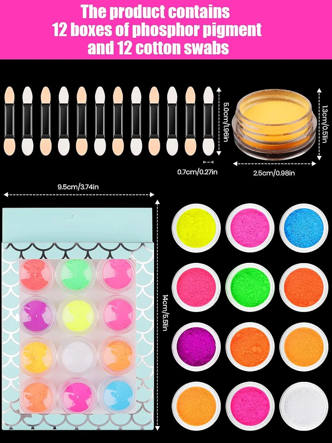 پودر رنگ ناخن EBANKU در 12 رنگ، پودر نئون رنگ ناخن، پودرهای رنگدانه صدفی فلورسنت، پودرهای اکلیلی هنر ناخن برای تزئین ناخن هالووین کریسمس