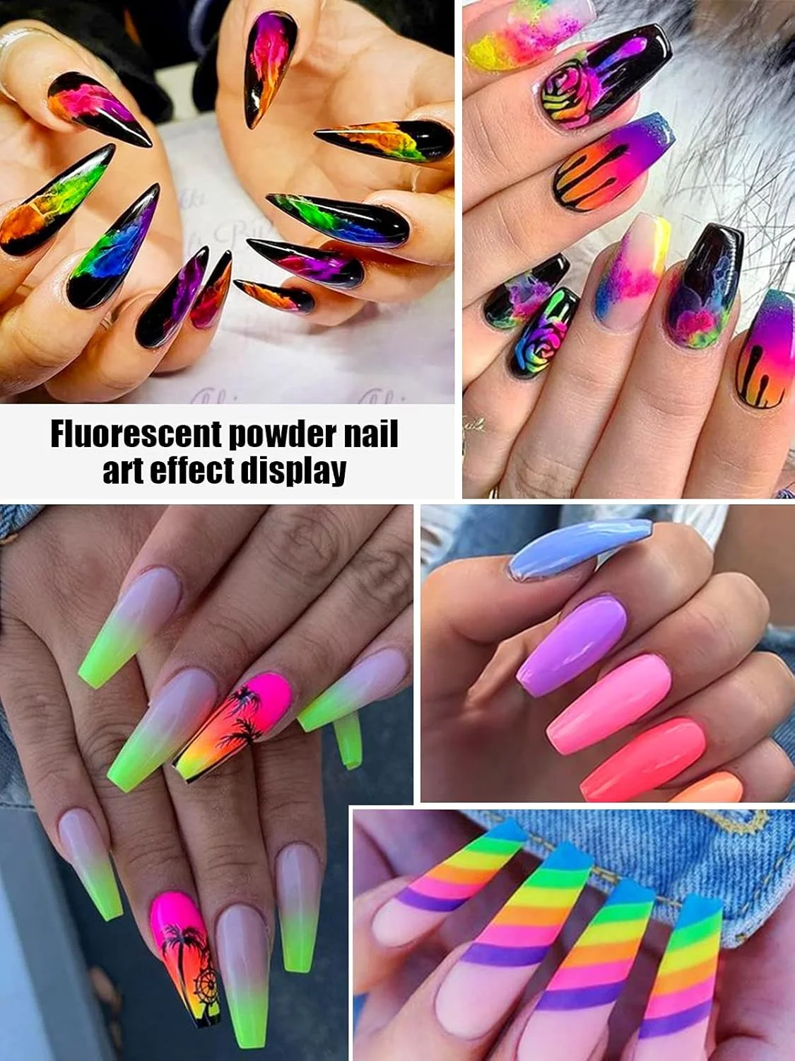 پودر رنگ ناخن EBANKU در 12 رنگ، پودر نئون رنگ ناخن، پودرهای رنگدانه صدفی فلورسنت، پودرهای اکلیلی هنر ناخن برای تزئین ناخن هالووین کریسمس