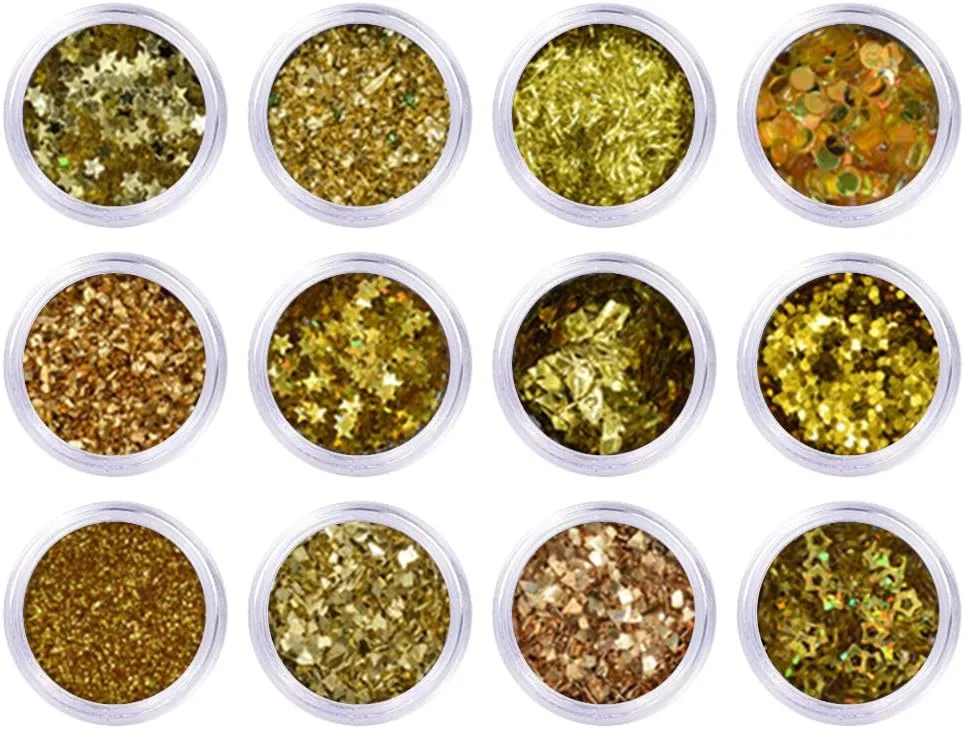 ۱۲ عدد اکلیل پولکی - لوازم هنری، برای نقاشی، مو، صورت، طراحی ناخن، تزئین اکلیلی، برچسب درخشان (رنگ طلایی)، پولک