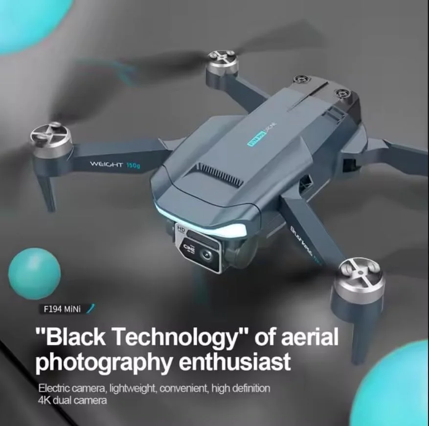 کوادکوپتر تاشو F194 MINI Drone با دوربین دوگانه 4K HD، موتور براشلس، GPS و کنترل از راه دور تا 1 کیلومتر - هدیه اسباب بازی