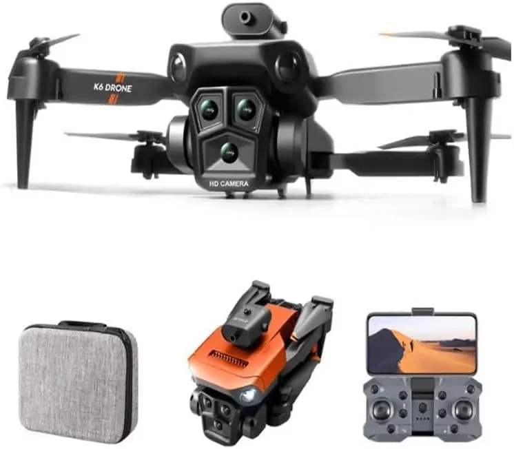 کوادکوپتر تاشو FPV مدل MZtoyz K6 با دوربین سه گانه 4K، اجتناب از موانع 360 درجه، موقعیت یابی جریان نوری، 3 باتری قابل شارژ، پرواز نقطه به نقطه و 15 دقیقه زمان پرواز