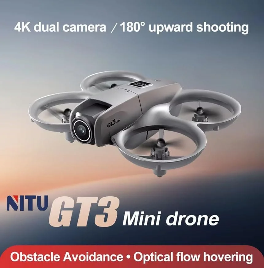 پهپاد NITU GT3 با دوربین دوگانه HD 720p، تنظیم الکترونیکی دوربین، موقعیت یابی جریان نوری و اجتناب 360 درجه از موانع - ایده آل برای مبتدیان و سرگرمی هوایی (2 دوربین - 2 باتری)