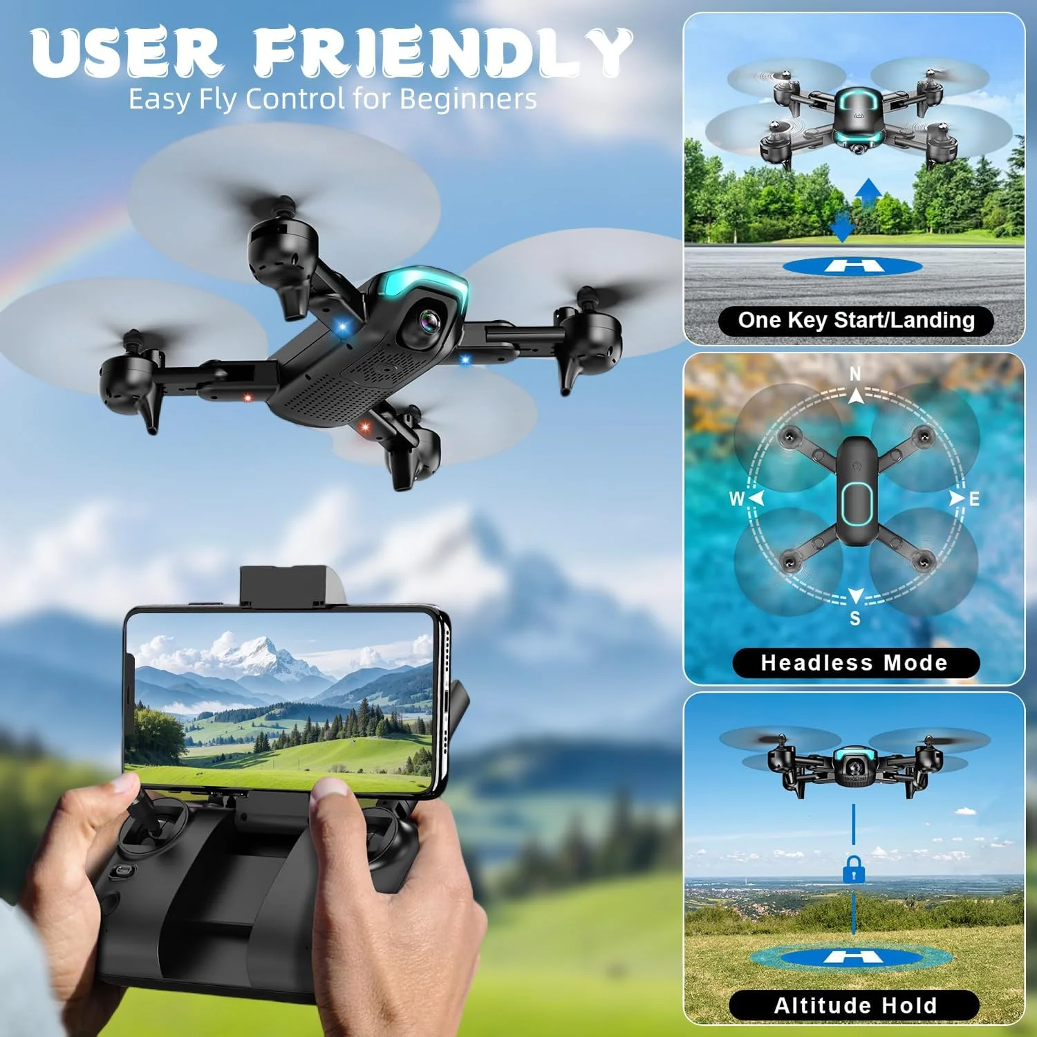 پهپاد با دوربین، پهپاد تاشو برای مبتدیان با دوربین 1080P، ارتقاء یافته با قابلیت حفظ ارتفاع، پرواز دایره ای/چرخشی/نقطه ای، چرخش سه بعدی، شروع با یک کلید، 3 حالت سرعت، 1 باتری