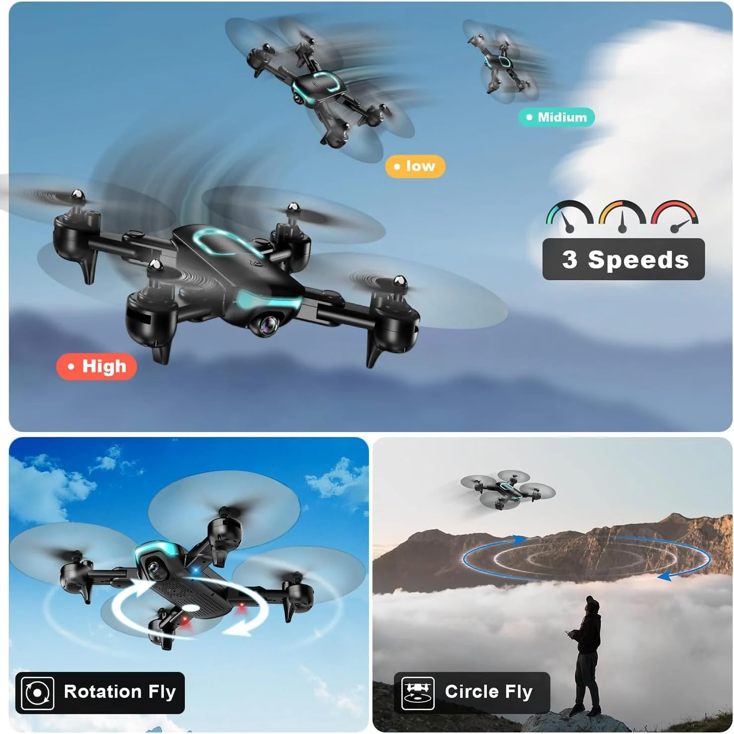 پهپاد با دوربین، پهپاد تاشو برای مبتدیان با دوربین 1080P، ارتقاء یافته با قابلیت حفظ ارتفاع، پرواز دایره ای/چرخشی/نقطه ای، چرخش سه بعدی، شروع با یک کلید، 3 حالت سرعت، 1 باتری
