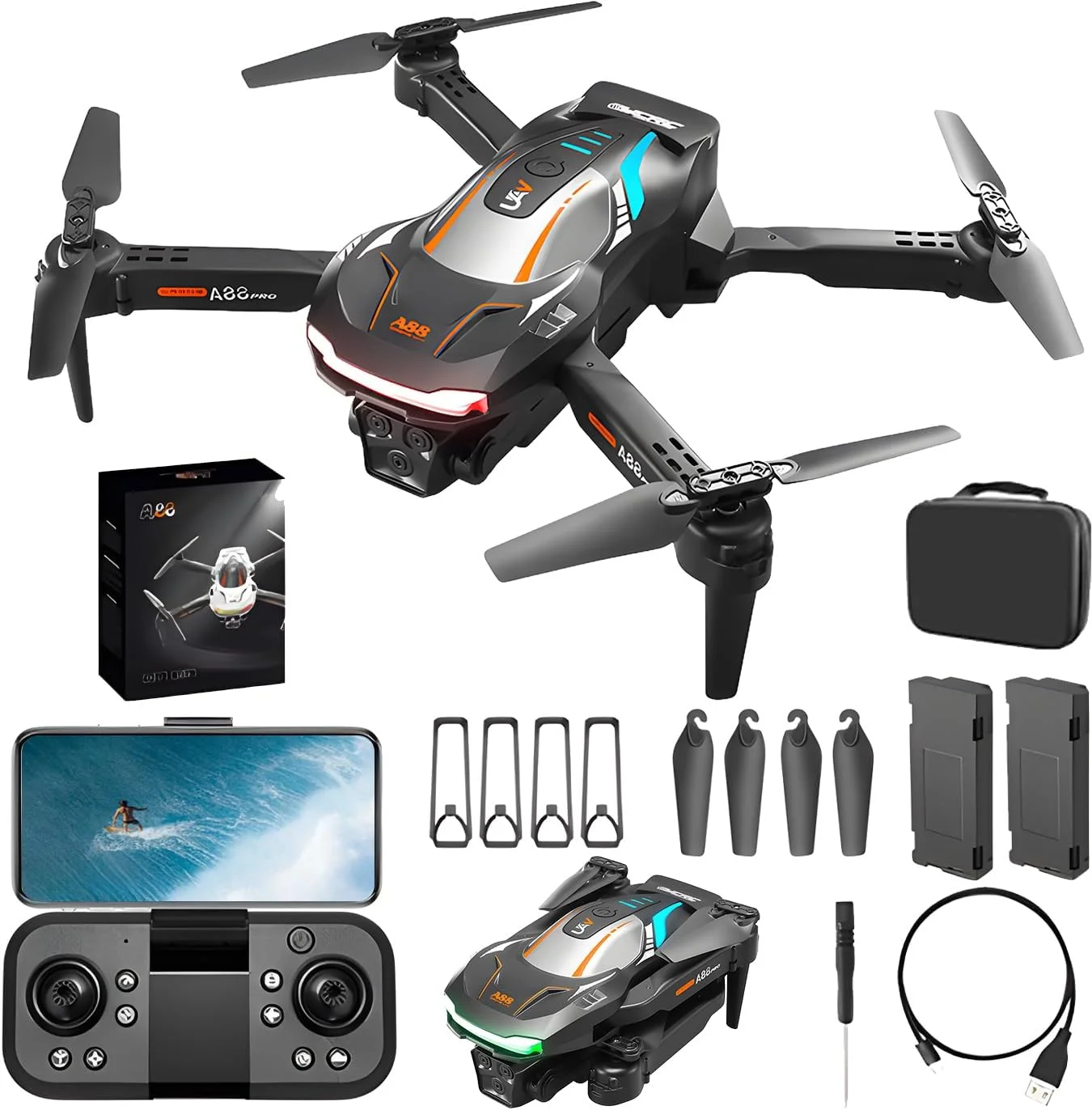 پهپاد با دوربین برای کودکان و بزرگسالان، تصویربرداری هوایی 4K، اجتناب هوشمندانه از موانع FPV، چرخش سه بعدی، حفظ ارتفاع، بلند شدن/فرود با یک کلید، 2 باتری، هدیه برای پسران (مشکی)