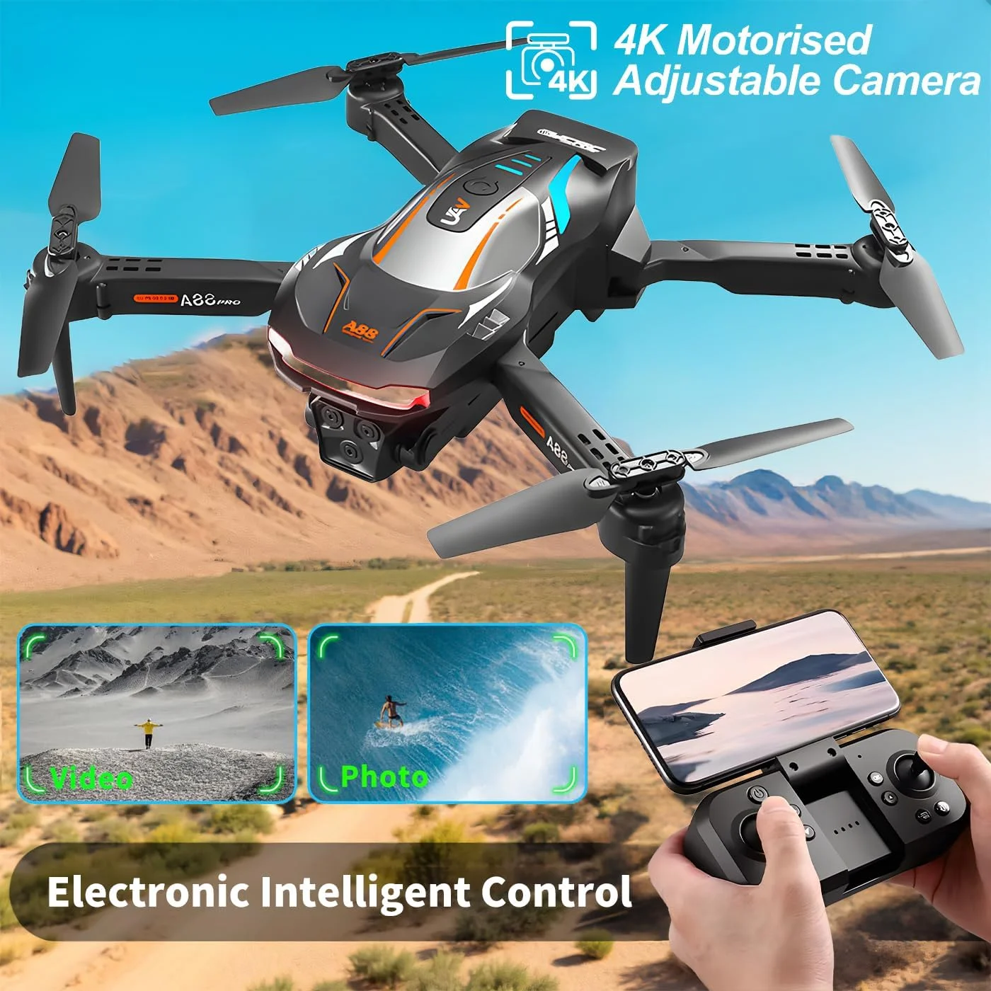 پهپاد با دوربین برای کودکان و بزرگسالان، تصویربرداری هوایی 4K، اجتناب هوشمندانه از موانع FPV، چرخش سه بعدی، حفظ ارتفاع، بلند شدن/فرود با یک کلید، 2 باتری، هدیه برای پسران (مشکی)