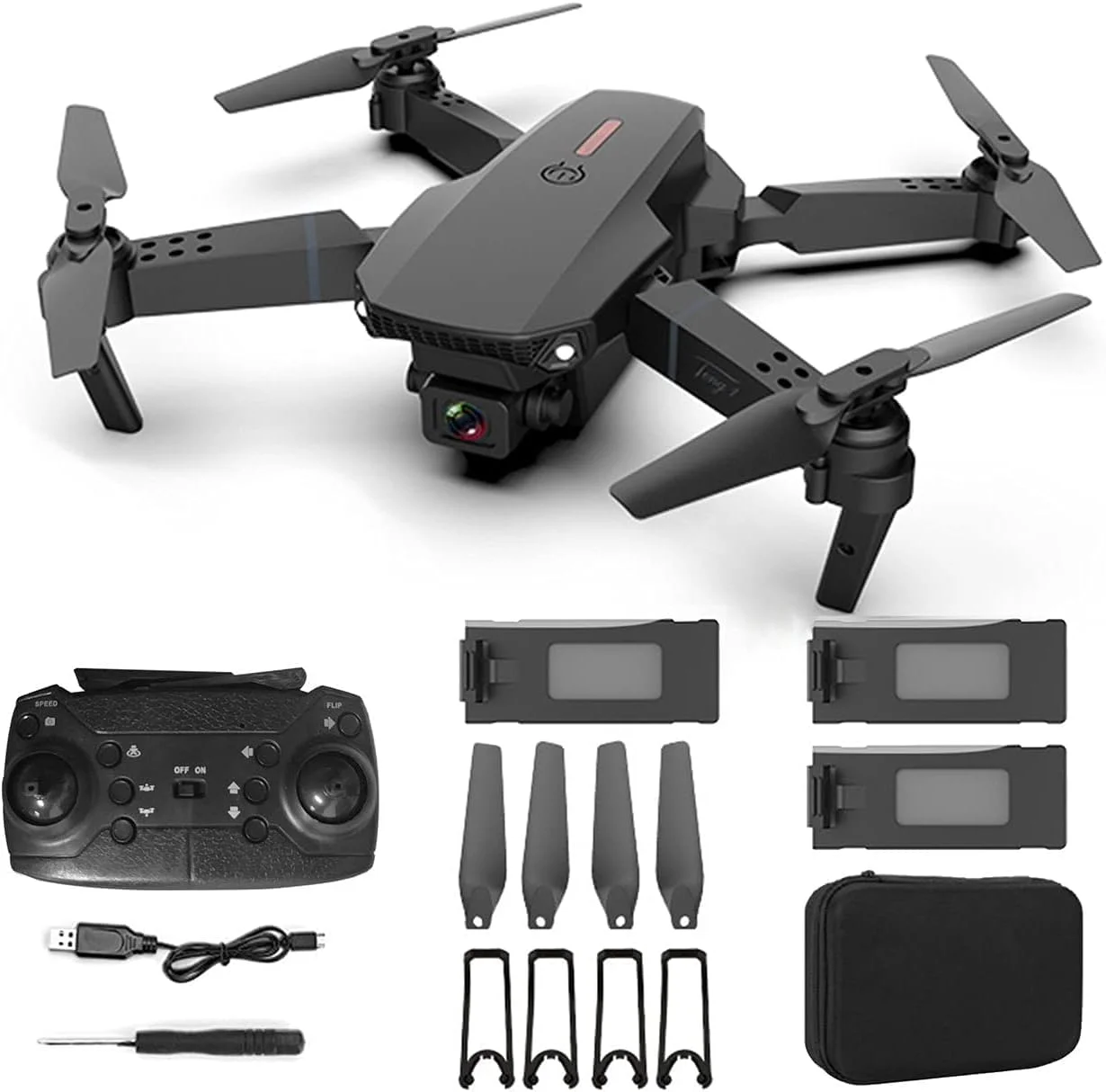 کوادکوپتر تاشو E88 Pro WiFi با دوربین 4K HD، مشکی، 2.4G 6-Axis RC، حفظ ارتفاع، بازگشت با یک کلید، حالت های سرعت چندگانه، 3 باتری