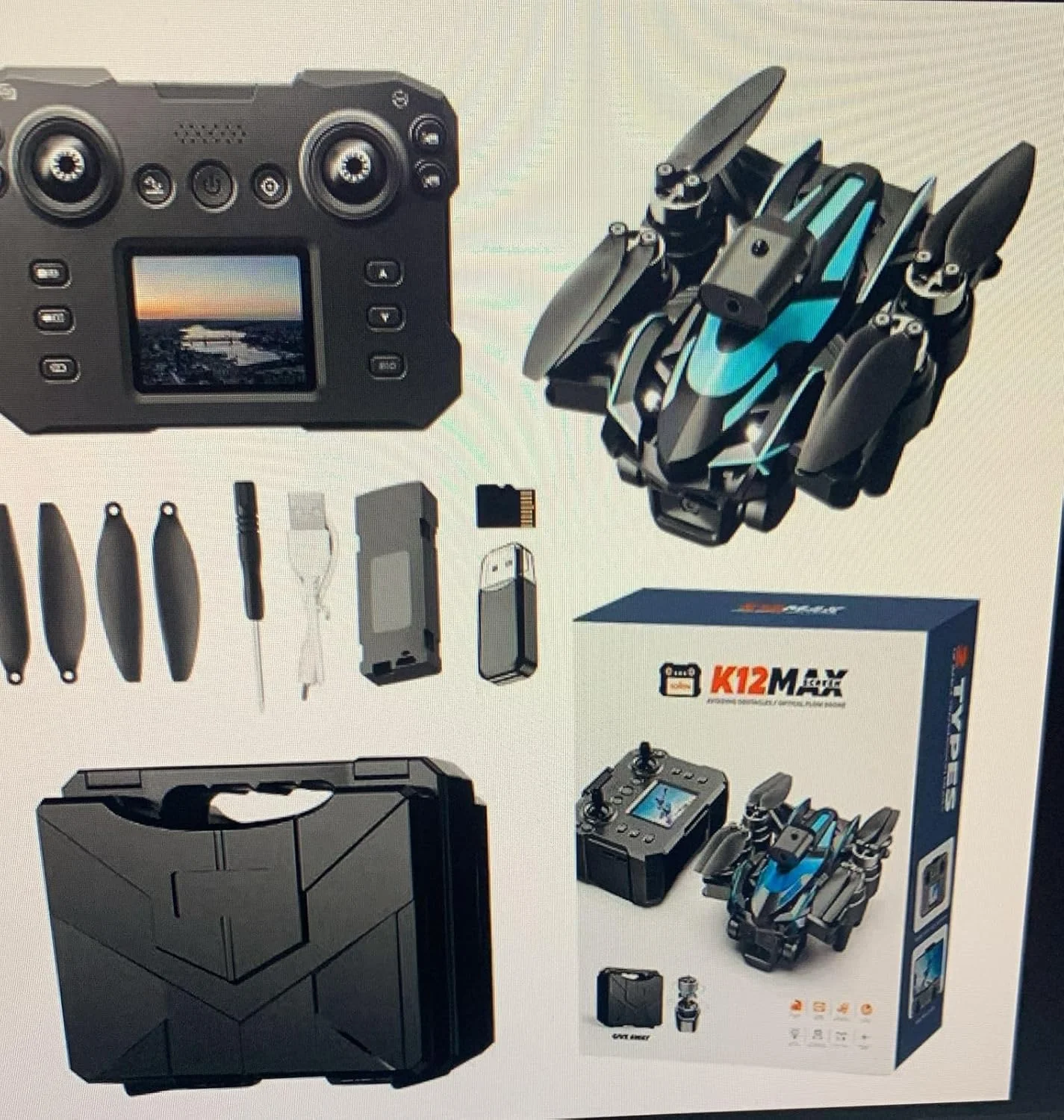 پهپاد تاشو K12 Max با دوربین HD، کنترل از راه دور، کیف حمل، مشکی و آبی