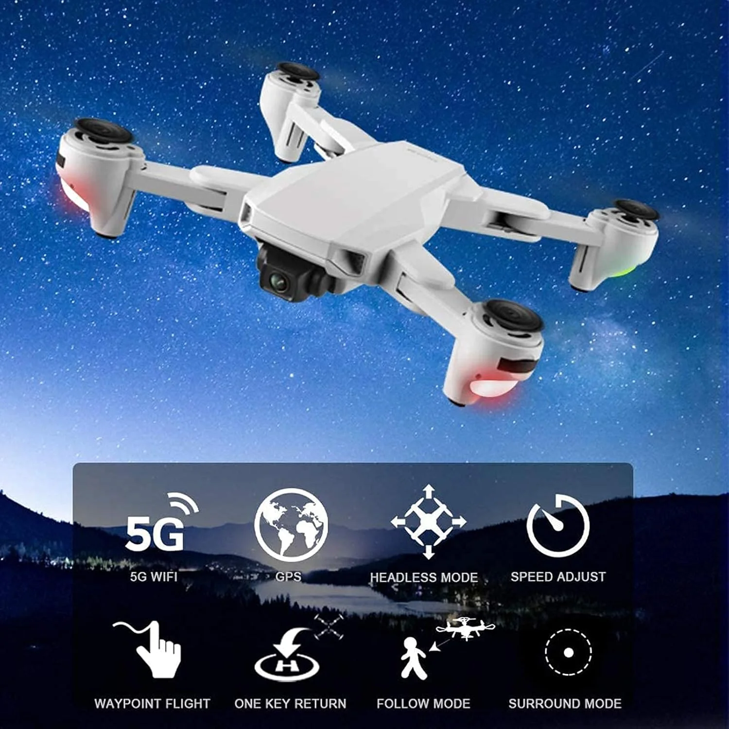 پهپادهای GPS با دوربین برای مبتدیان با دوربین 4K 5G WiFi FPV تاشو با موقعیت یابی جریان نوری با حالت بدون سر و قابلیت پرواز نقطه ای و دنبال کردن (1 باتری)