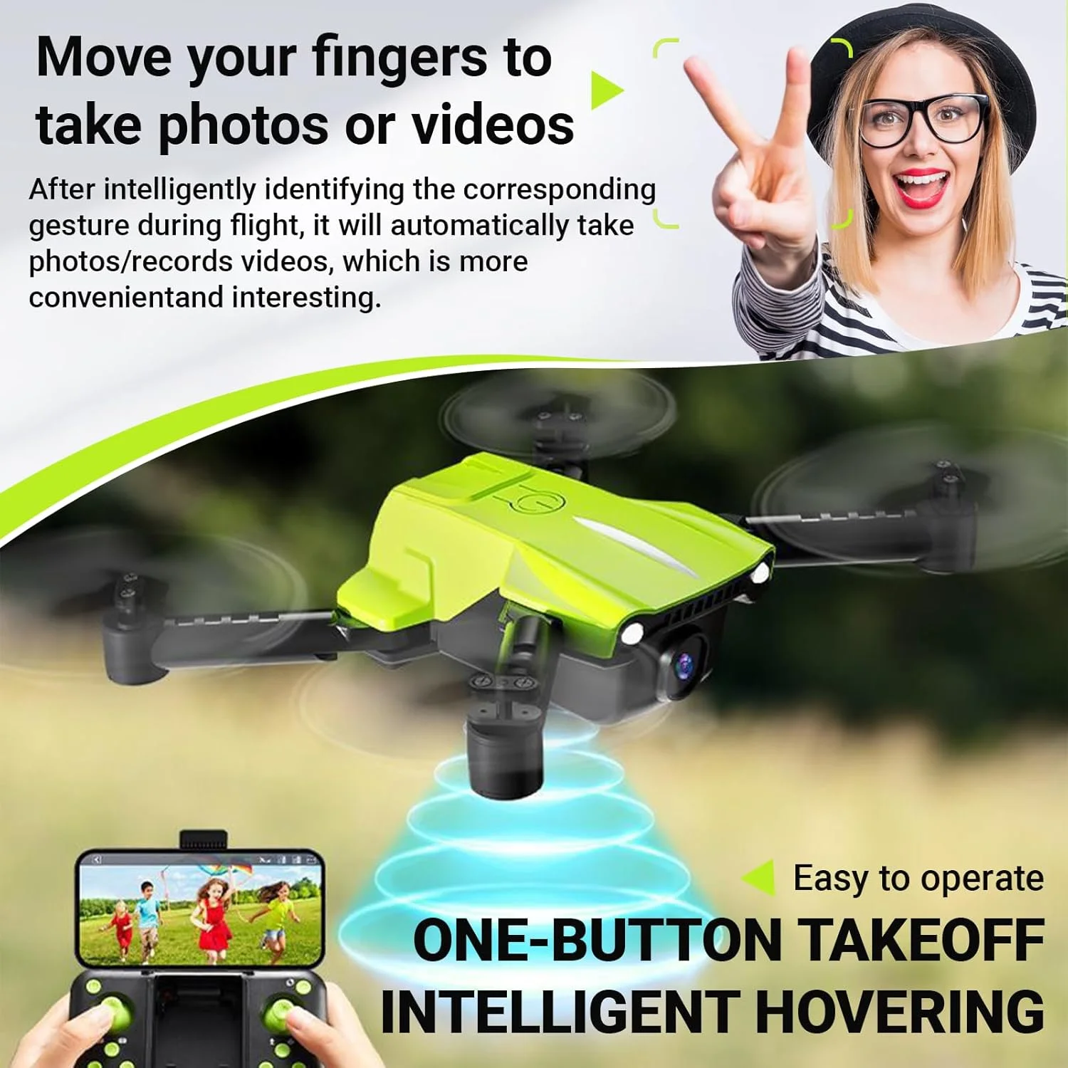 پهپاد با دوربین، پهپاد دوربین دار RC با کیفیت 1080p HD FPV تاشو کنترل از راه دور، اسباب بازی و هدیه ای مناسب برای کودکان و بزرگسالان، سبز