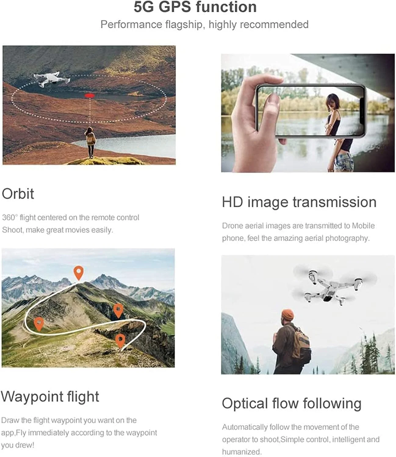 پهپادهای GPS با دوربین برای مبتدیان با دوربین 4K 5G WiFi FPV تاشو با موقعیت یابی جریان نوری با حالت بدون سر و قابلیت پرواز نقطه ای و دنبال کردن (1 باتری)