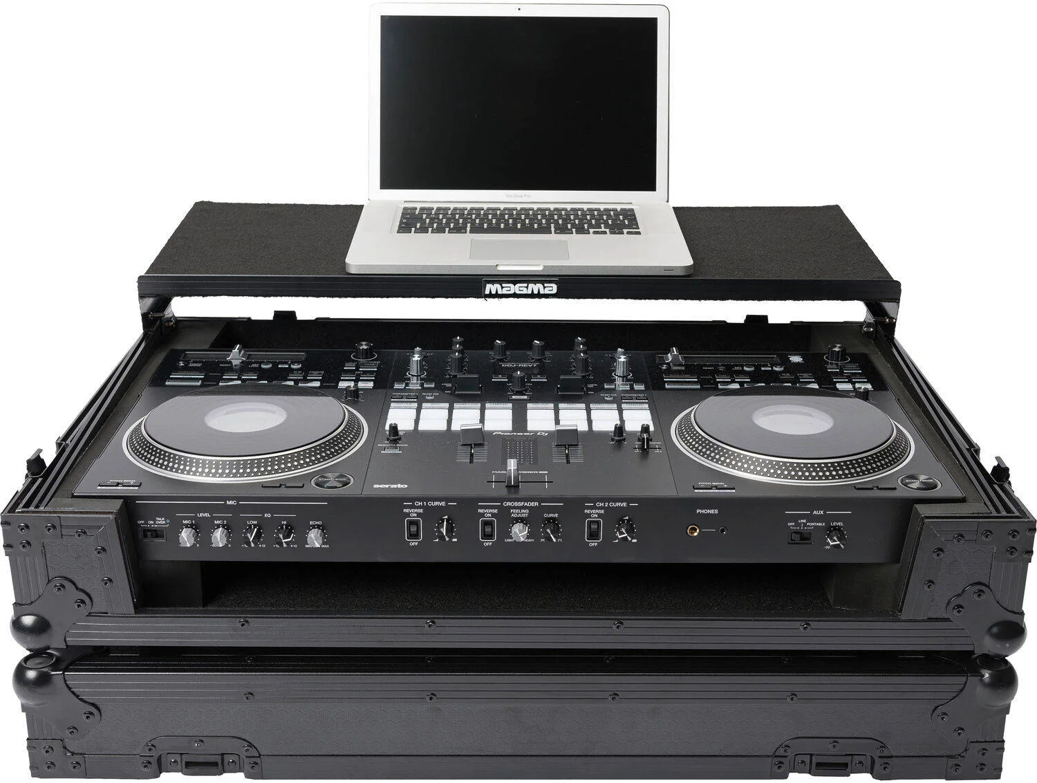 کیف حمل و نقل و استودیوی کار Magma Bags برای کنترلر DJ، دارای چرخ، مناسب برای کنترلر DDJ-REV7 و یک لپ تاپ، چرخ ها برای حمل آسان، گوشه های توپی قابل انباشت، شامل 2 بند نگهدارنده، مشکی | 41021