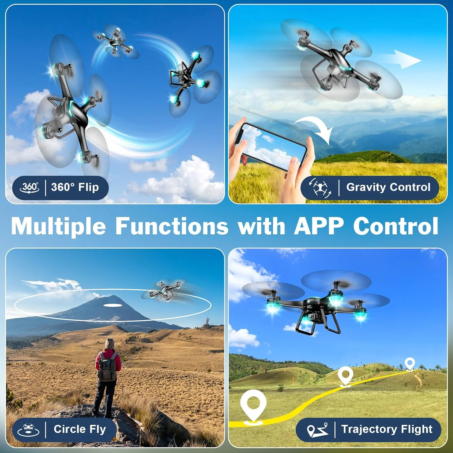 پهپاد با دوربین 1080P برای مبتدیان، کوادکوپتر کنترل از راه دور با قابلیت سلفی با اشاره، تثبیت ارتفاع، شروع با یک کلید، چرخش 3D، 2 باتری، اسباب بازی برای مبتدیان، مشکی