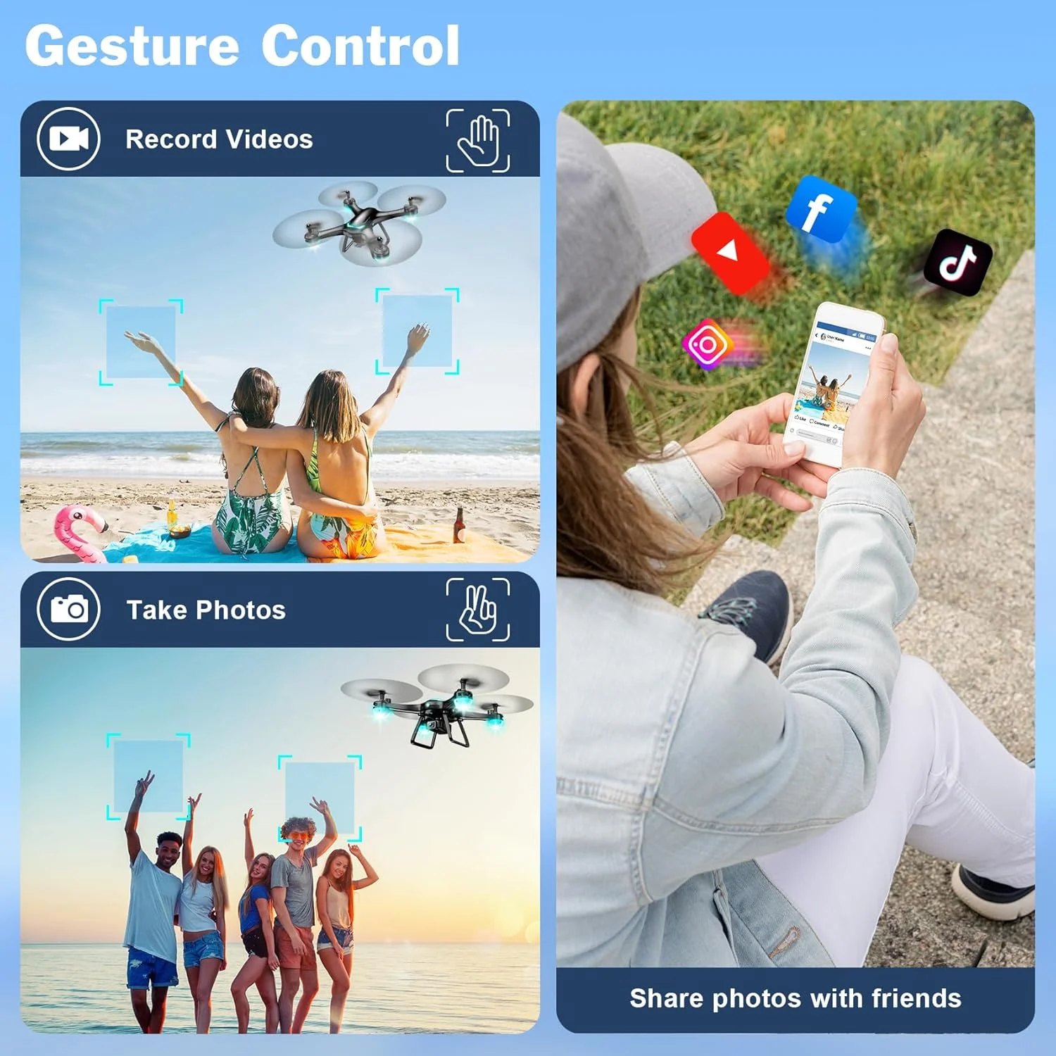 پهپاد با دوربین 1080P برای مبتدیان، کوادکوپتر کنترل از راه دور با قابلیت سلفی با اشاره، تثبیت ارتفاع، شروع با یک کلید، چرخش 3D، 2 باتری، اسباب بازی برای مبتدیان، مشکی