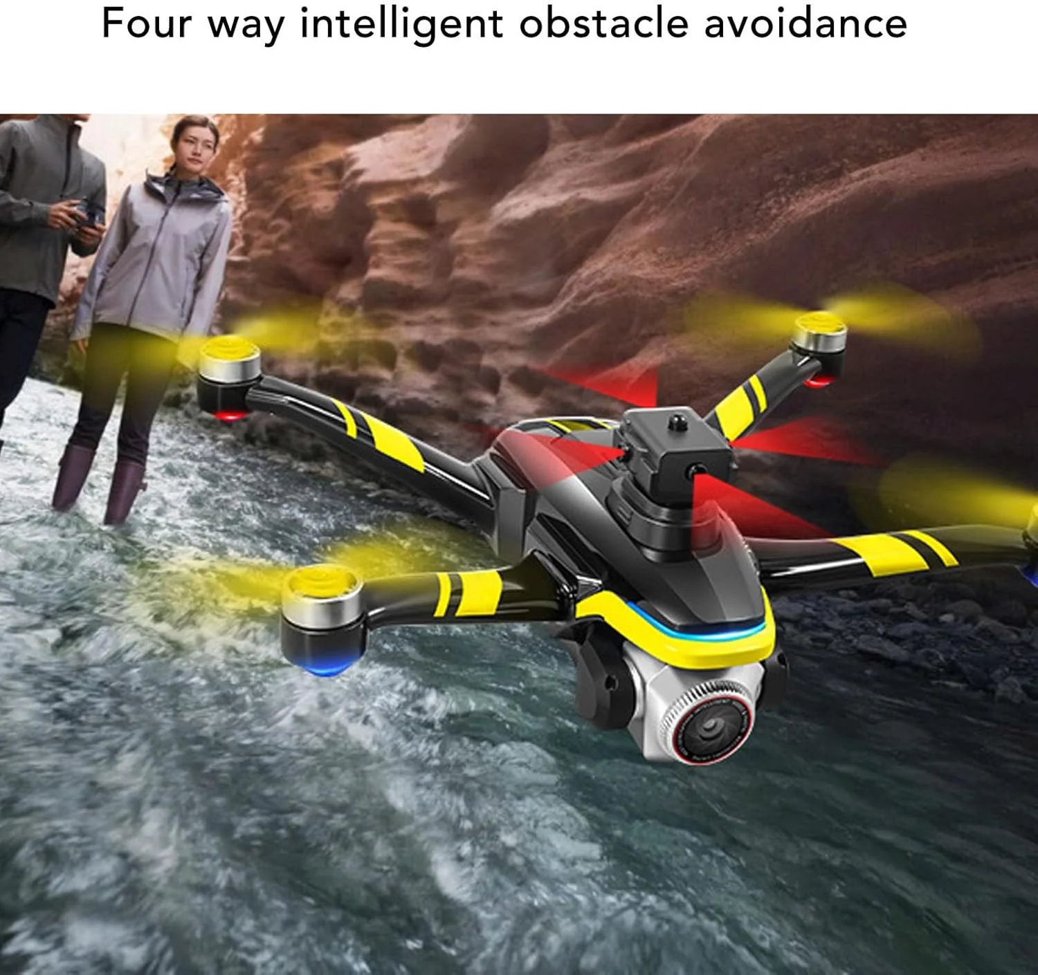 پهپاد با دوربین 4K، مناسب برای بزرگسالان و مبتدیان، دارای سیستم اجتناب از موانع 4 طرفه، موتورهای براشلس، کوادکوپتر با قابلیت چرخش 360 درجه (زرد)