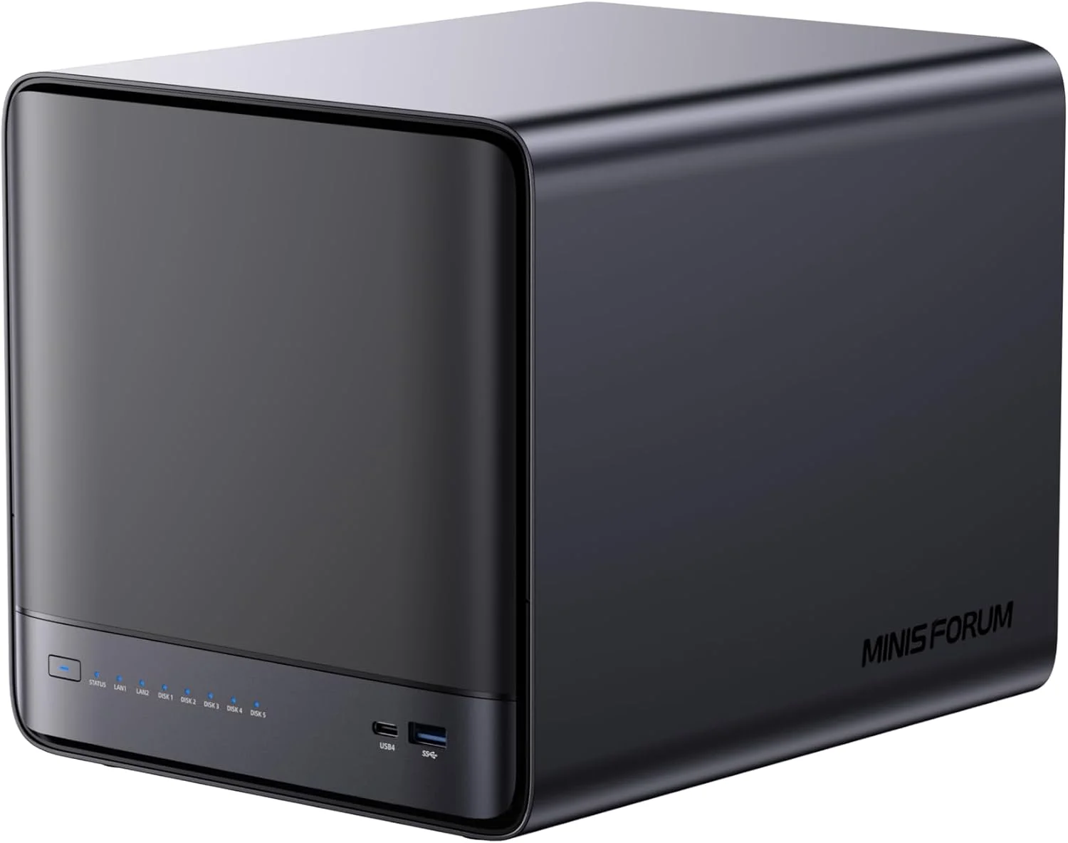 دستگاه ذخیره ساز تحت شبکه MINISFORUM Desktop NAS N5 Pro با 5 جایگاه، پردازنده AMD Ryzen AI 9 HX PRO 370 (12 هسته/24 رشته)، 128 گیگابایت SSD، رم DDR5، 1*10Gbe، 1*5Gbe، 2*USB4 (8K)، HDMI 8K، پورت OCuLink، 1xM.2 Slot، 2xU.2/M.2 Slots