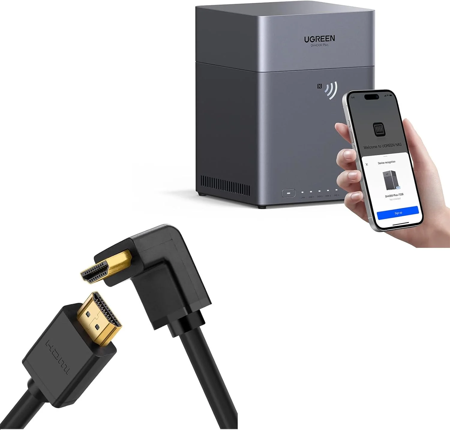 یوگرین NAS DH4300 Plus، دستگاه ذخیره سازی تحت شبکه 4-Bay (بدون دیسک) به همراه کابل HDMI زاویه دار 4K 90 درجه به طول 2 متر