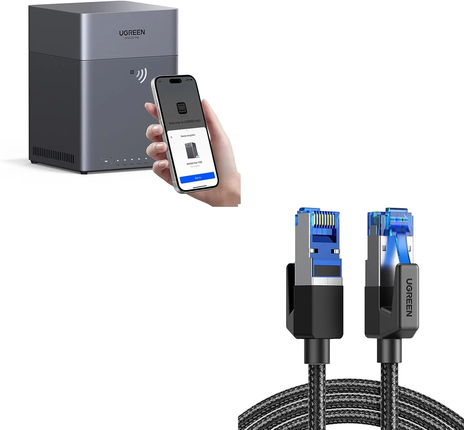 NAS رومیزی 4-Bay یوگرین مدل DH4300 Plus (بدون دیسک) به همراه کابل اترنت Cat 8 به طول 6 فوت، کابل شبکه بافته شده با سرعت بالا 40 گیگابیت بر ثانیه 2000 مگاهرتز