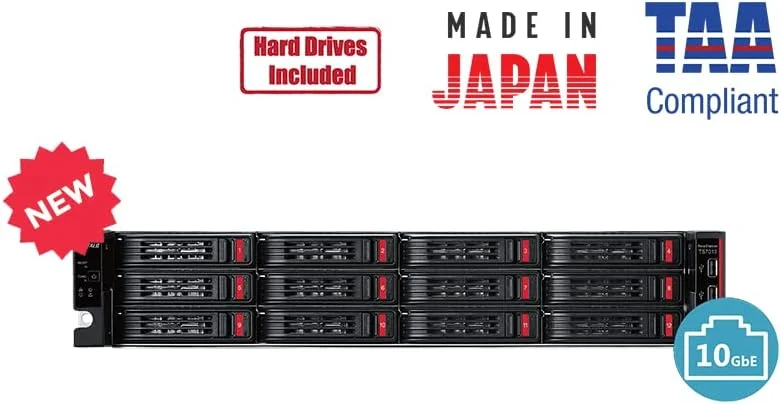 ذخیره ساز تحت شبکه بوفالو TeraStation 71210RH با قابلیت نصب در رک، دارای ۱۲ جایگاه هارد دیسک و ظرفیت ۳۲ ترابایت (شامل ۴ هارد ۸ ترابایتی) با پورت شبکه 10GbE و پشتیبانی از RAID و iSCSI