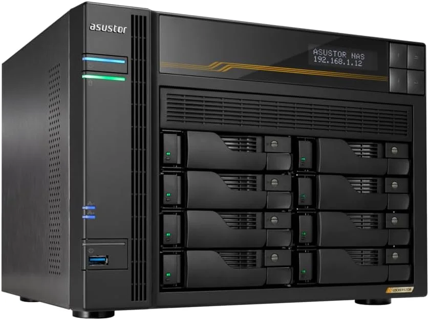 دستگاه ذخیره ساز تحت شبکه 8 بی ASUSTOR Lockerstor 8 Gen3 AS6808T، پردازنده AMD Ryzen چهار هسته ای 2.3 گیگاهرتز، 16 گیگابایت رم ECC DDR5، چهار اسلات M.2 NVMe، دو پورت 5GbE و دو پورت 10GbE، USB4 Type-C