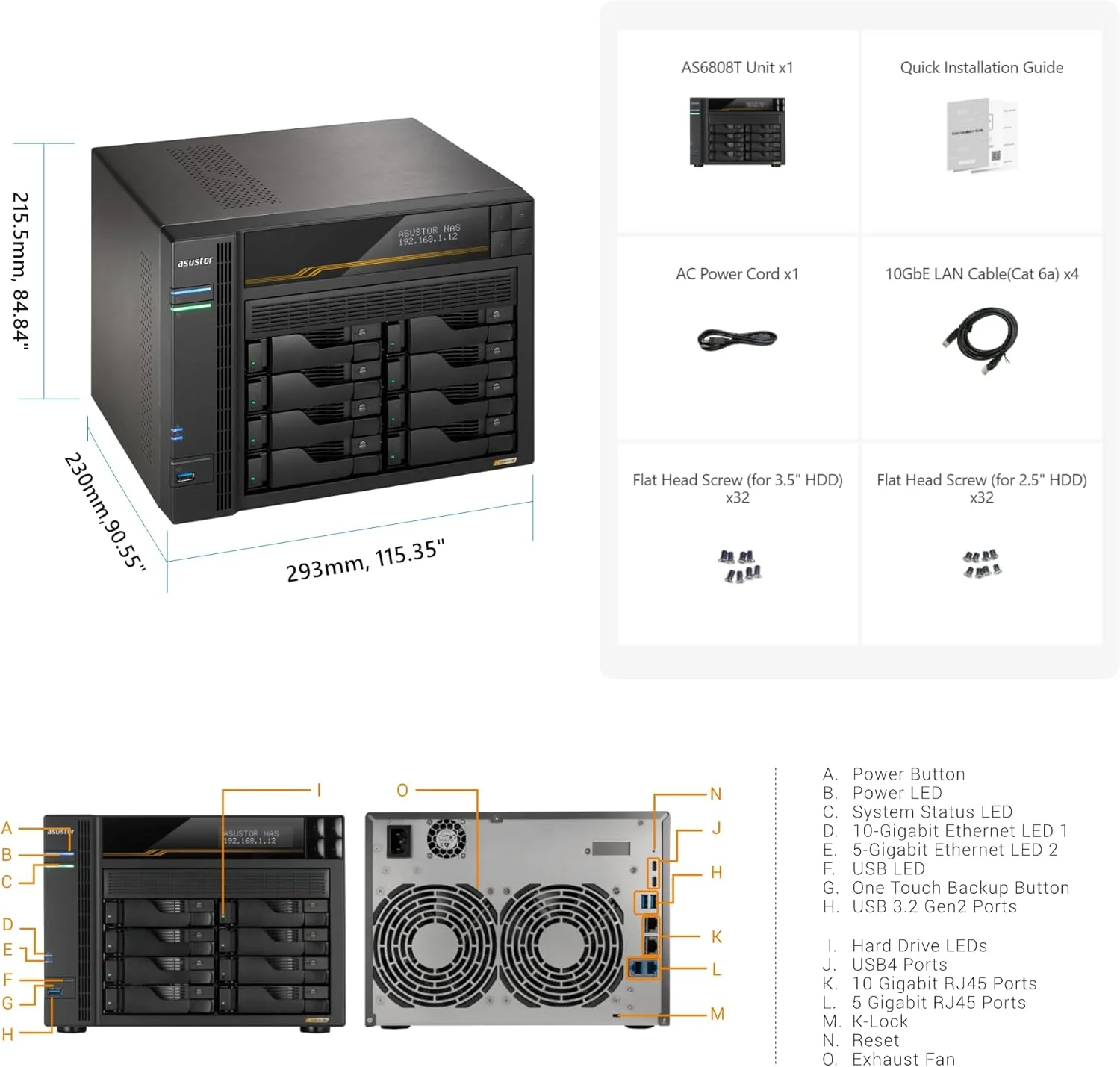 دستگاه ذخیره ساز تحت شبکه 8 بی ASUSTOR Lockerstor 8 Gen3 AS6808T، پردازنده AMD Ryzen چهار هسته ای 2.3 گیگاهرتز، 16 گیگابایت رم ECC DDR5، چهار اسلات M.2 NVMe، دو پورت 5GbE و دو پورت 10GbE، USB4 Type-C