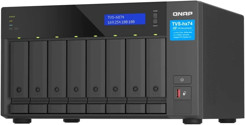 QNAP TVS-h874-i7-32G-US NAS رومیزی 8 بی با سرعت بالا با اسلات های M.2 PCIe، پردازنده نسل دوازدهم Intel Core، تا 64 گیگابایت رم DDR4، شبکه 2.5 GbE و قابلیت توسعه PCIe Gen 4 (بدون دیسک)