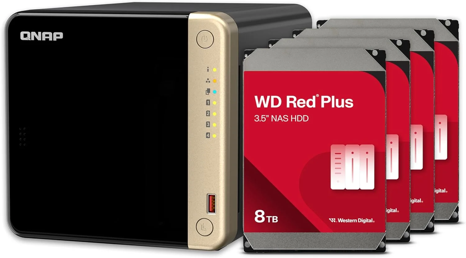 QNAP TS-464-8G-48WD-US NAS رومیزی 4 بی با کارایی بالا با ظرفیت ذخیره سازی 24 ترابایت، همراه با بسته هارد دیسک WD Red Plus با پیکربندی RAID 5