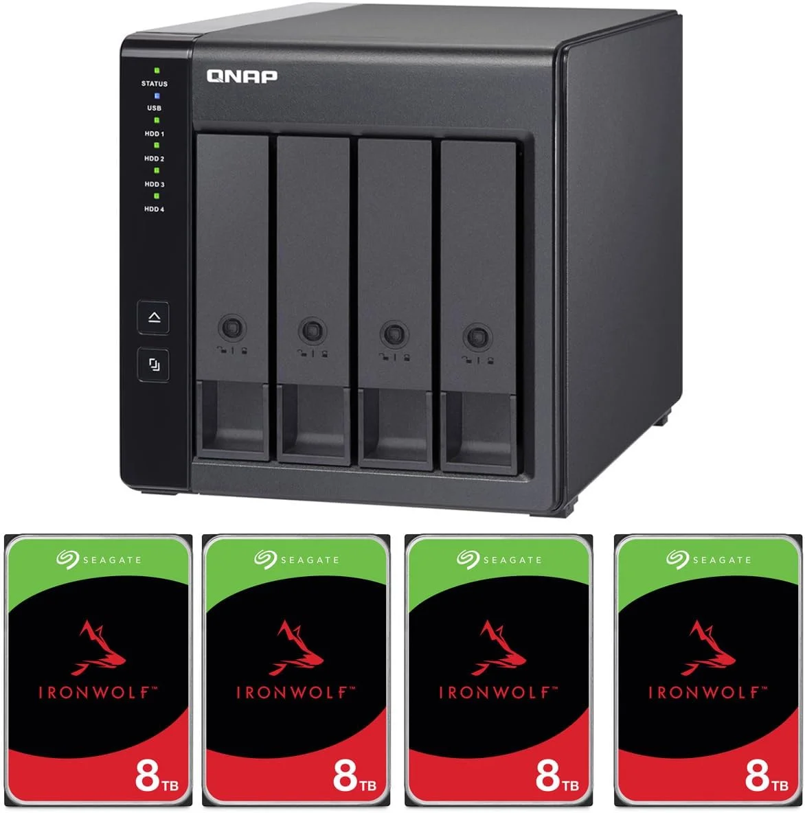 محفظه توسعه RAID با ۴ جایگاه درایو QNAP TR-004 USB 3.2 Gen 1، همراه با ۴ عدد هارد دیسک داخلی ۸ ترابایتی سیگیت IronWolf Pro SATA III 3.5 اینچی NAS، ۷۲۰۰ دور در دقیقه (CMR)