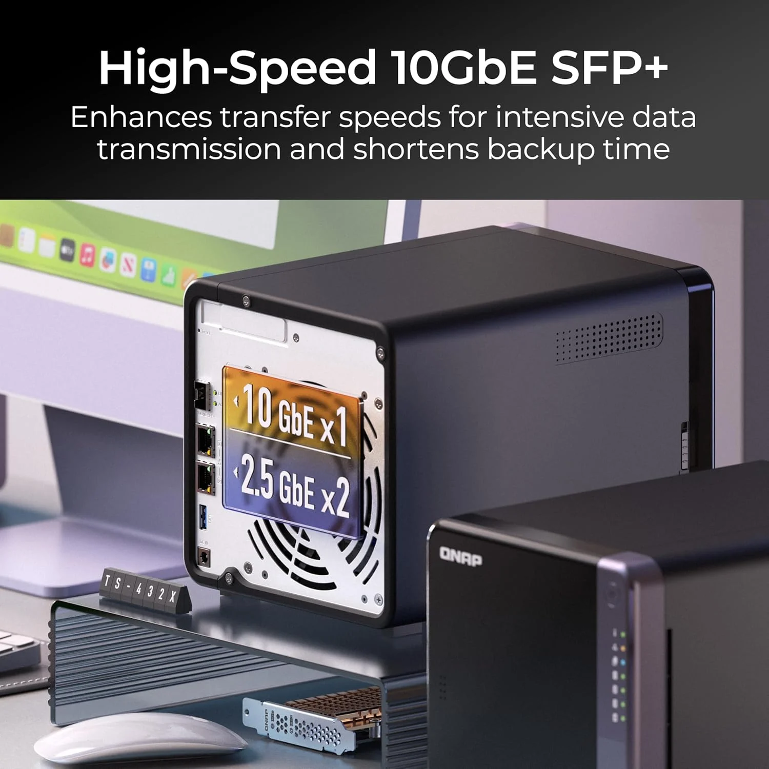 مجموعه NAS رومیزی چهارهسته ای QNAP TS-432X-4G-US با 4 جایگاه 10GbE + سوئیچ شبکه QSW-2104-2S-A با پورت های 10GbE SFP+/2.5GbE RJ45 مجموعه NAS رومیزی چهارهسته ای QNAP TS-432X-4G-US با 4 جایگاه 10GbE + سوئیچ شبکه QSW-2104-2S-A با پورت های 10GbE SFP+/2.5GbE RJ45