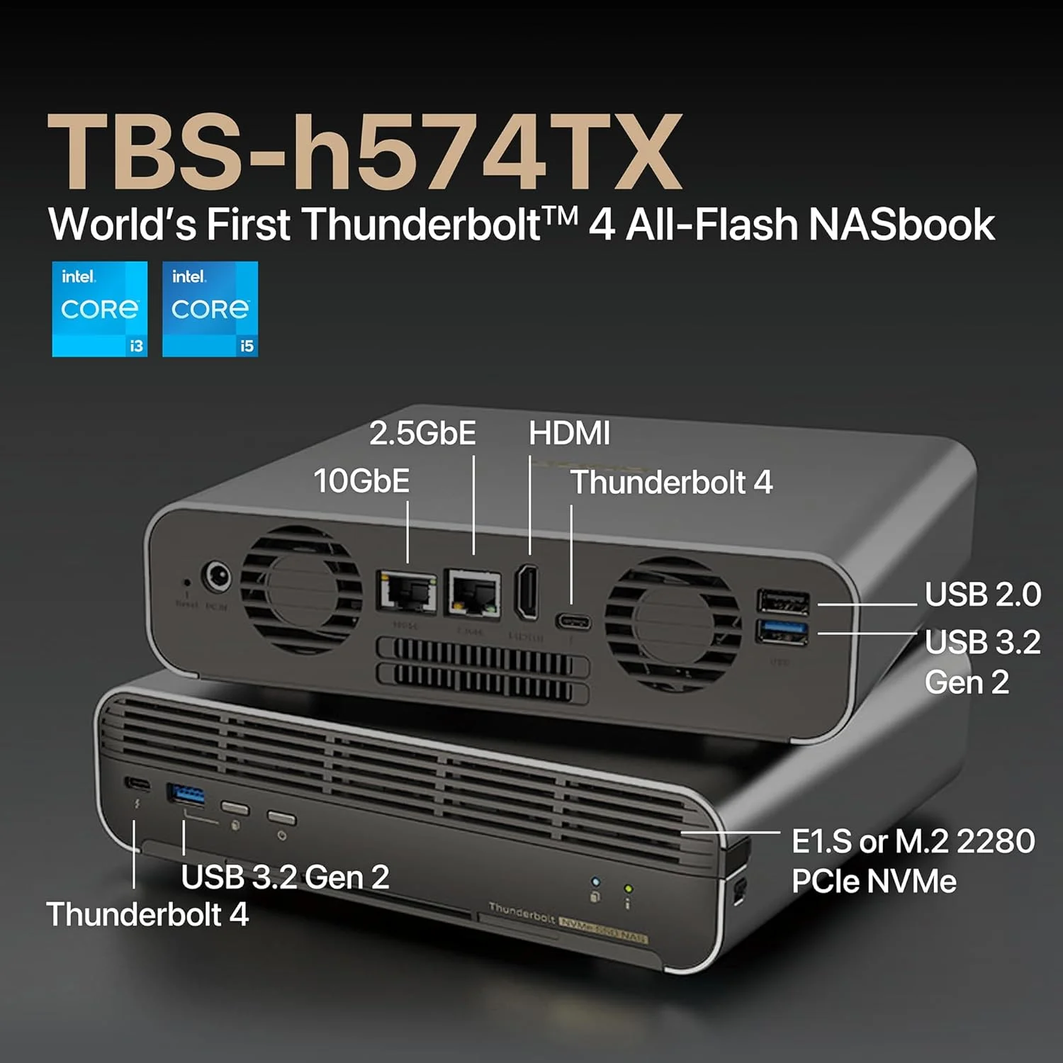 QNAP TBS-h574TX-i3-12G-US NASbook فلش با 5 جایگاه E1.S و پردازنده Intel® Core™، Thunderbolt 4 و اتصال شبکه 10GbE (5G/2.5G/1G/100M/10M) (بدون دیسک)