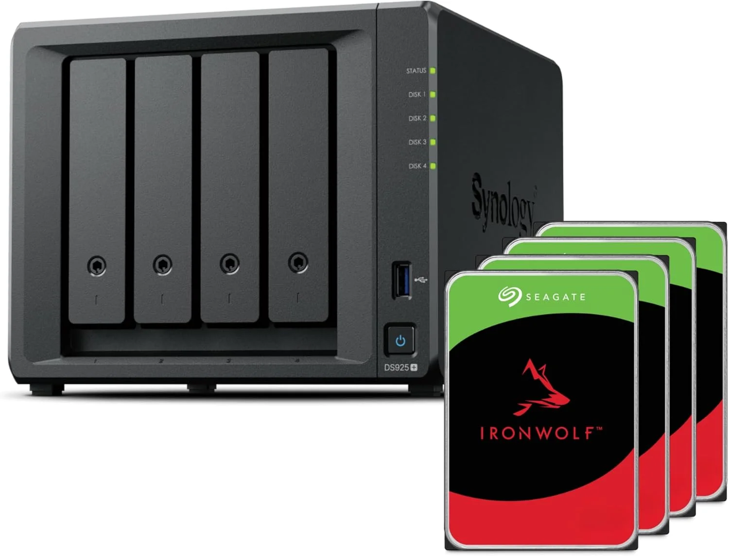 Synology DS925+ (دارای ۲ پورت 2.5GbE، پردازنده Ryzen V1500B، رم ۴ گیگابایتی) باندل ۴-Bay با ۱۶ ترابایت حافظه به همراه ۴ عدد هارد دیسک ۴ ترابایتی Seagate Ironwolf
