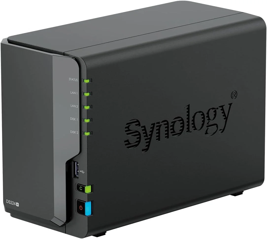 ذخیره ساز تحت شبکه 2 بی Synology DS224+ (پردازنده 4 هسته ای Intel Celeron J4125 با فرکانس 2.0 گیگاهرتز، 2 گیگابایت رم DDR4، 2 پورت RJ-45 1GbE LAN) باندل 6 ترابایتی با 2 عدد هارد 3 ترابایتی WD Red Plus