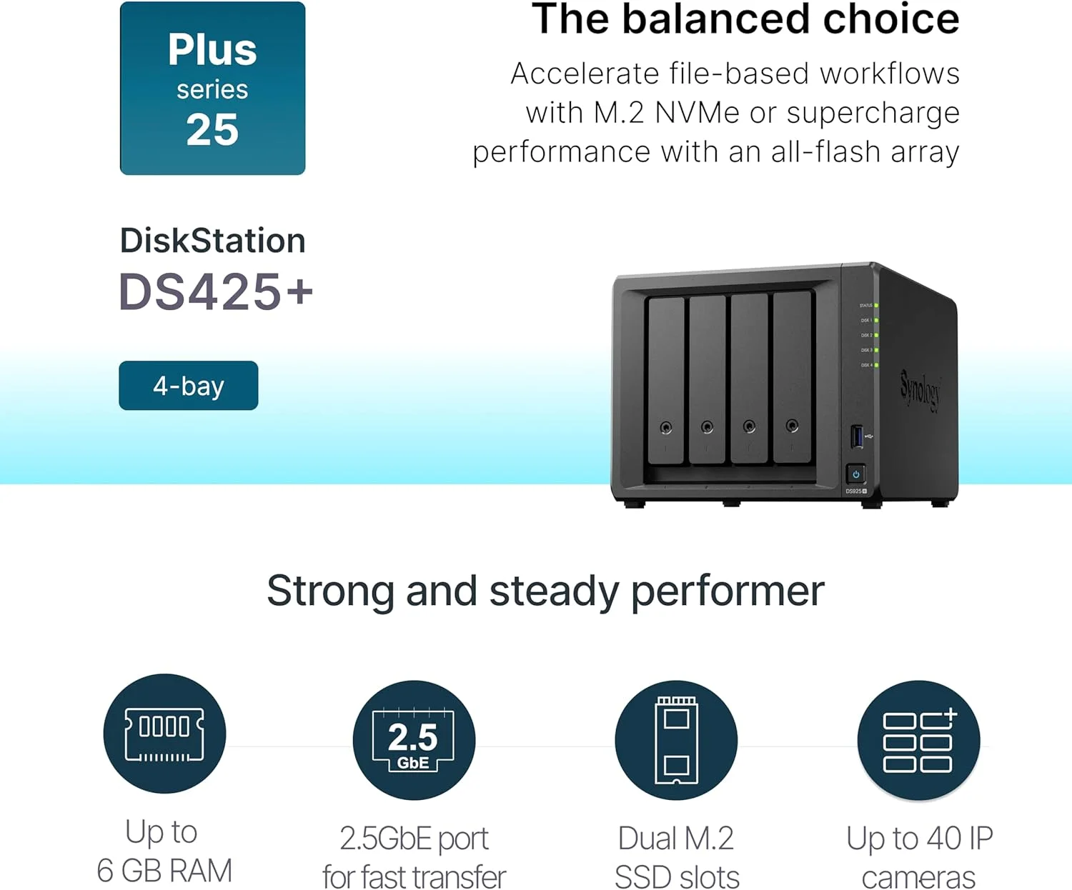 Synology DiskStation DS425+ با ۴ جایگاه هارد دیسک (بدون هارد دیسک)