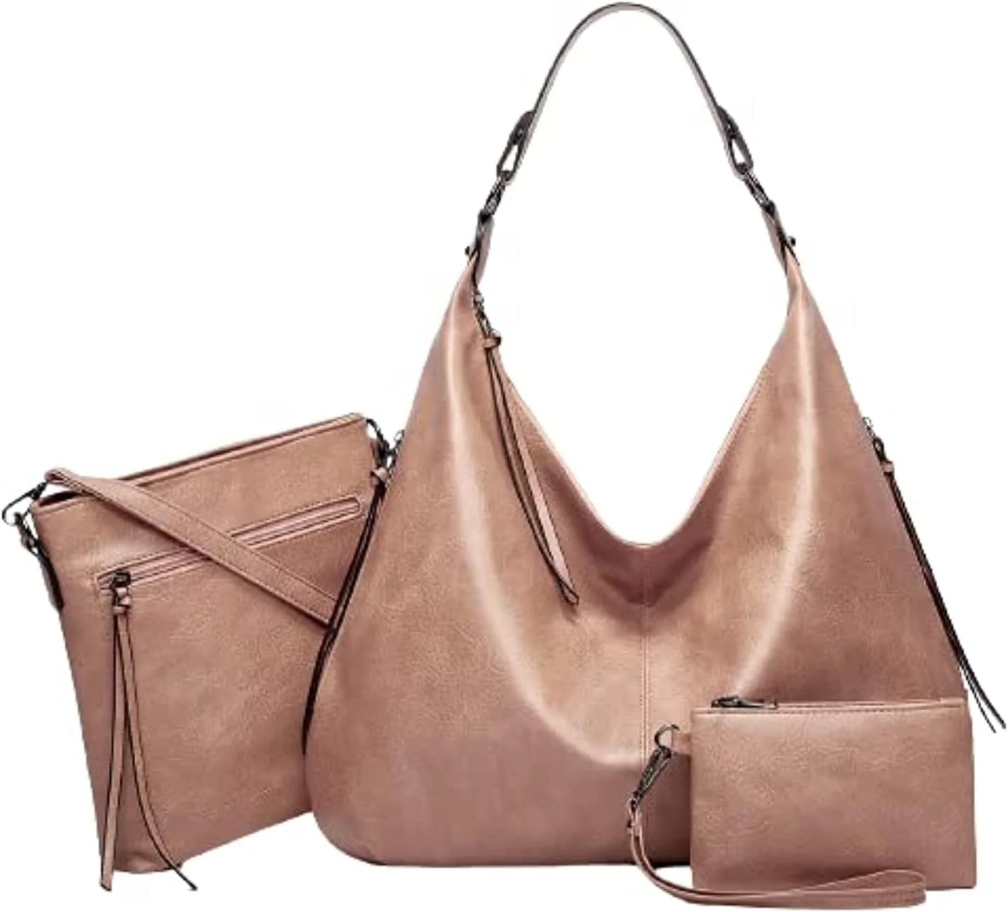 آلمار - ست کیف دستی هوبو بزرگ زنانه مد روز 3 تکه با کیف دوشی کوچک و کیف پول دستی برای دختران و بانوان (صورتی)