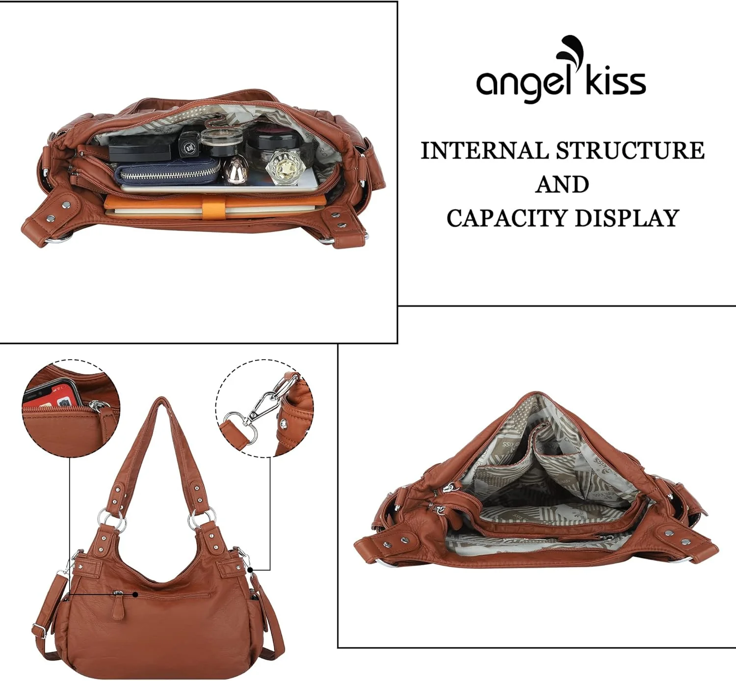 کیف دستی و کیف بزرگ زنانه Angelkiss چرم مصنوعی شسته شده کیف دوشی مدل Hobo کیف دستی کیف دستی