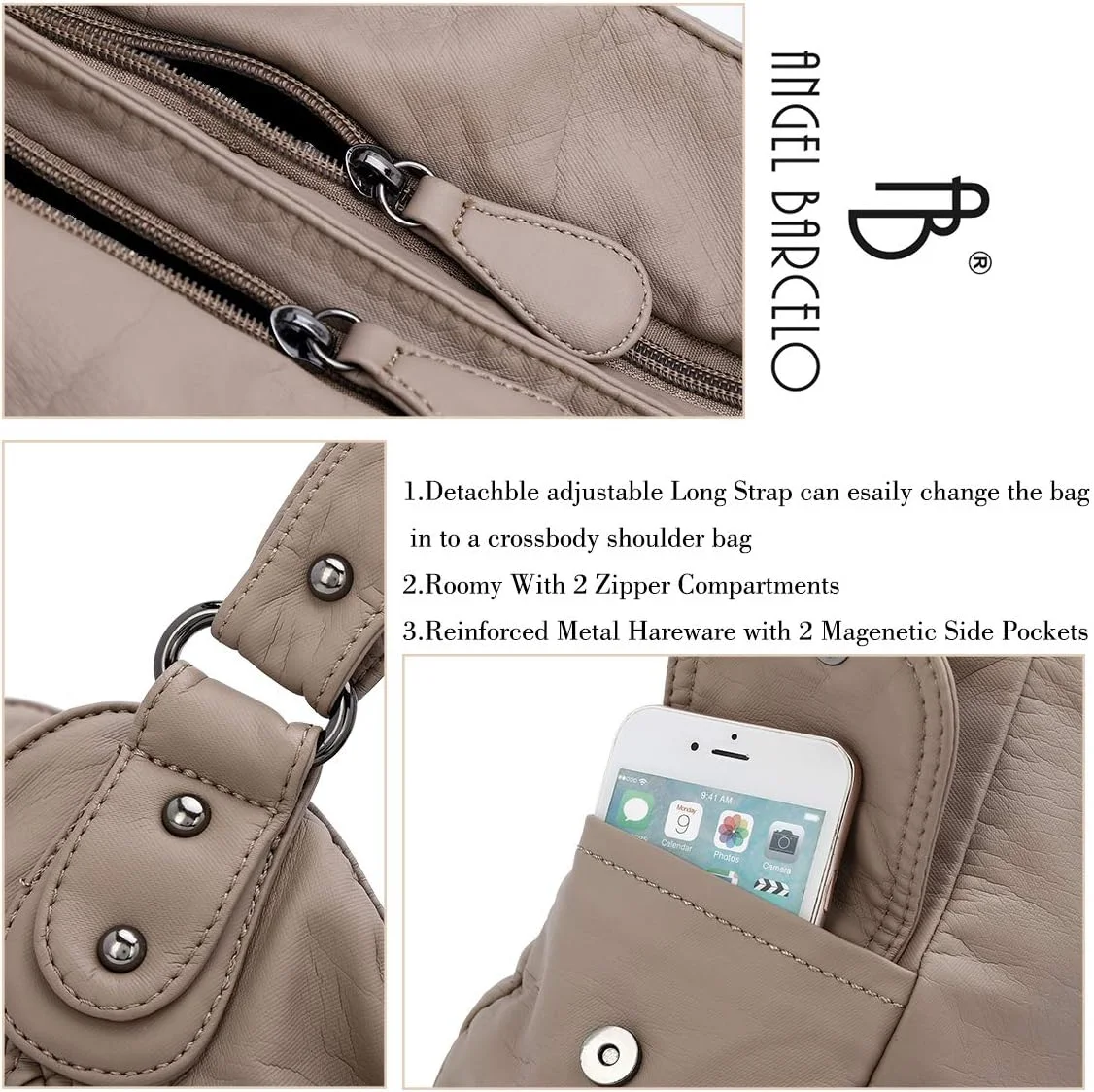 کیف دستی زنانه آنجل بارسلو مدل Hobo، کیف جادار دوشی چرم مصنوعی