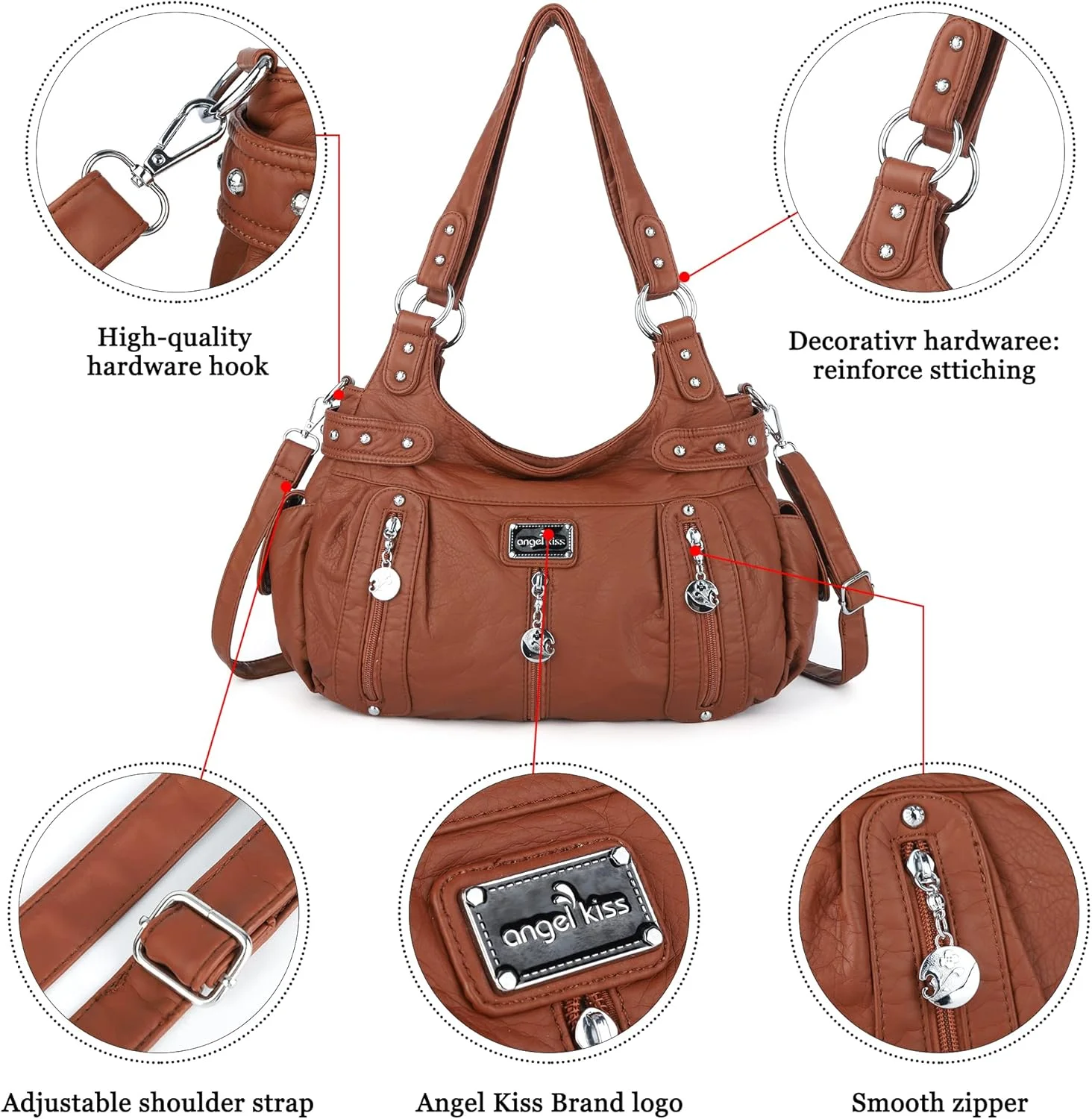 کیف دستی و کیف بزرگ زنانه Angelkiss چرم مصنوعی شسته شده کیف دوشی مدل Hobo کیف دستی کیف دستی