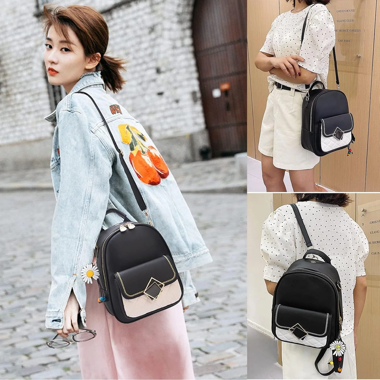 کوله پشتی زنانه، کیف دستی کوچک کوله پشتی چرمی PU، کیف های شانه ای، کیف مدرسه ای غیر رسمی برای دختران نوجوان، کار، مدرسه، مسافرت (طرح گل های زیبا)