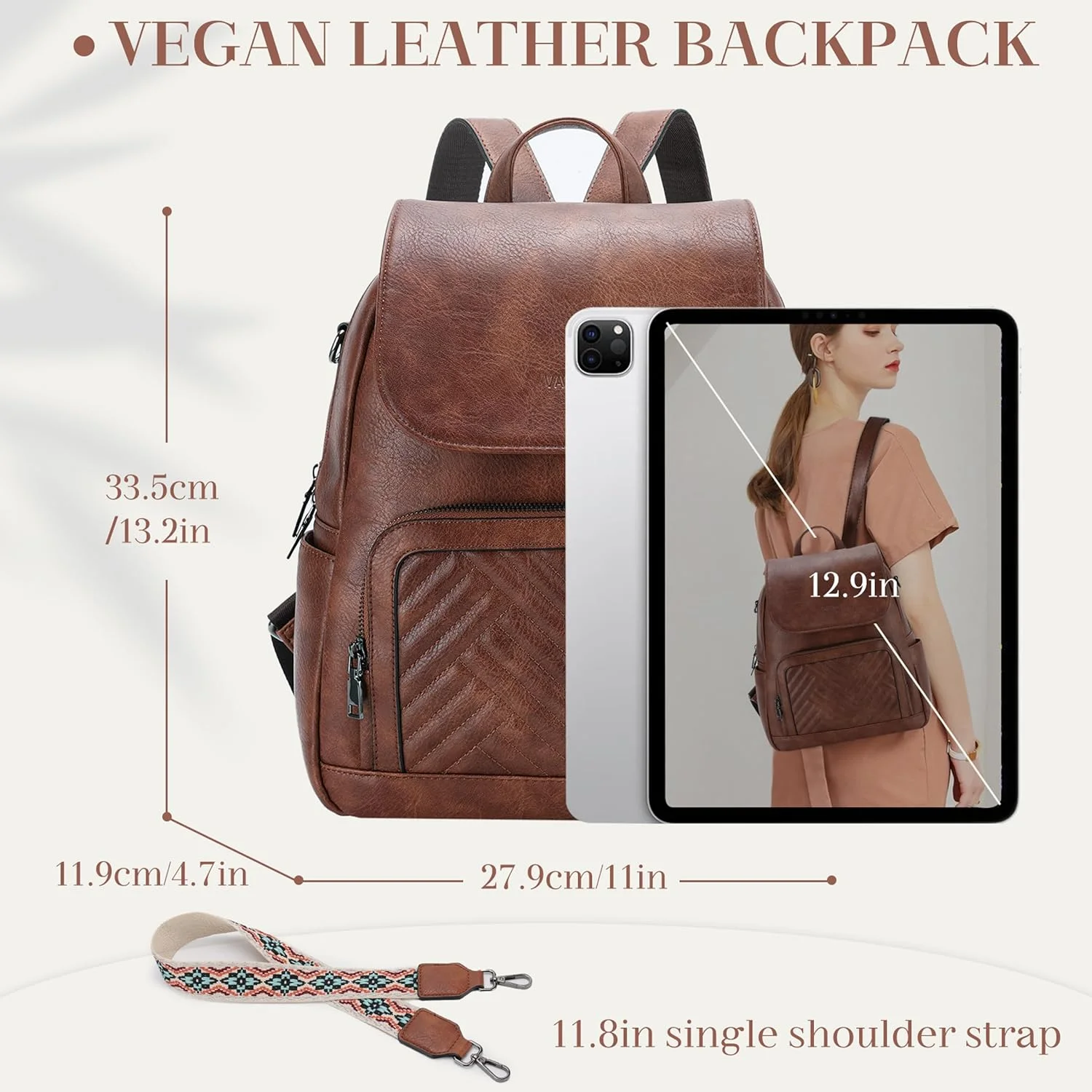 کیف کوله پشتی زنانه، کوله پشتی چرمی PU طرح دار VASCHY با بند گیتار