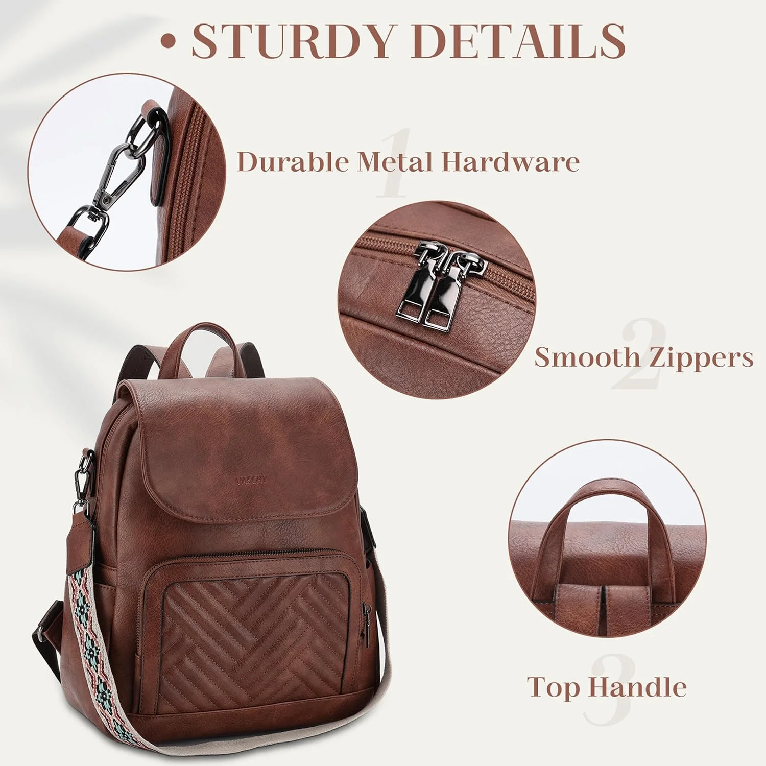 کیف کوله پشتی زنانه، کوله پشتی چرمی PU طرح دار VASCHY با بند گیتار