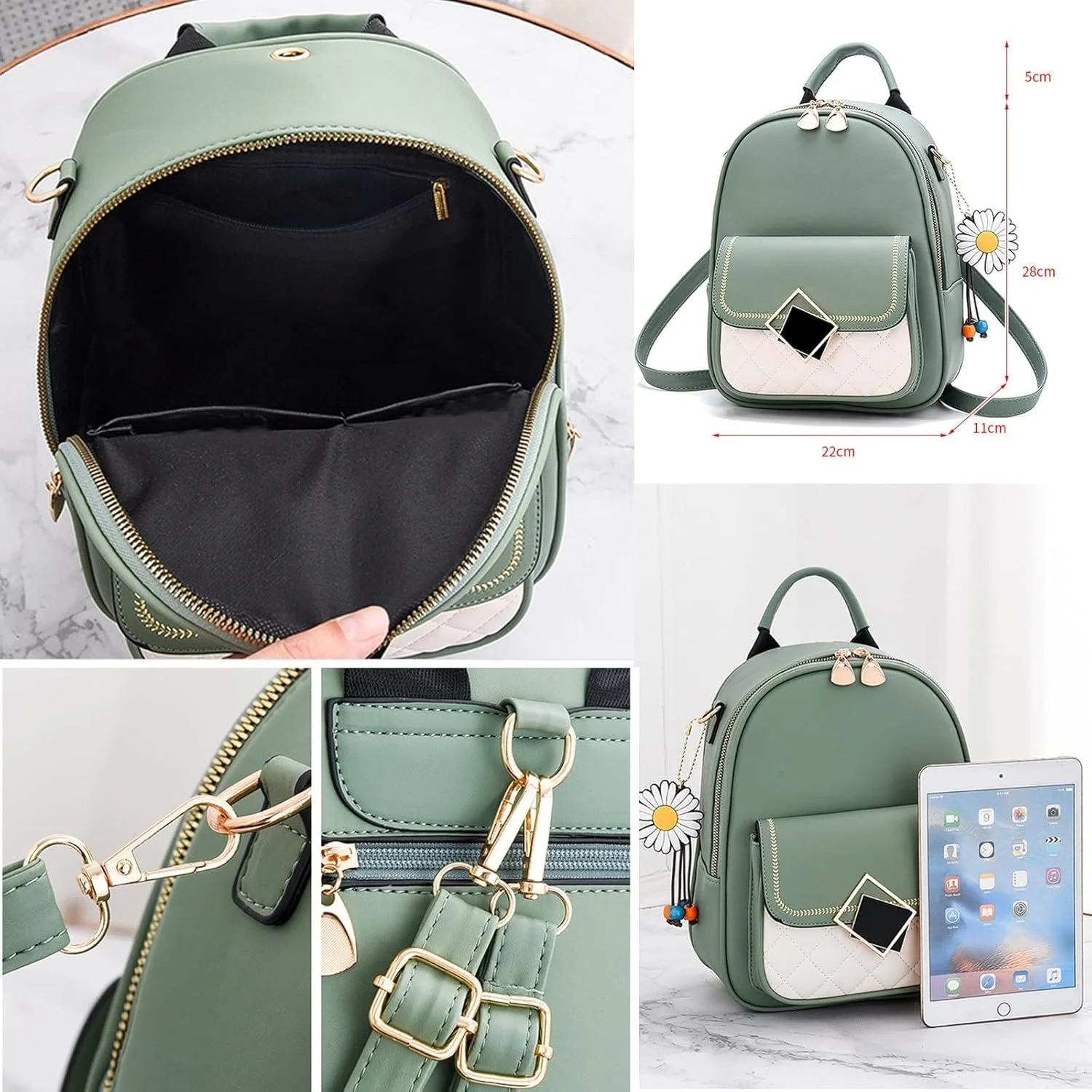 کوله پشتی زنانه، کیف دستی کوچک کوله پشتی چرمی PU، کیف های شانه ای، کیف مدرسه ای غیر رسمی برای دختران نوجوان، کار، مدرسه، مسافرت (طرح گل های زیبا)